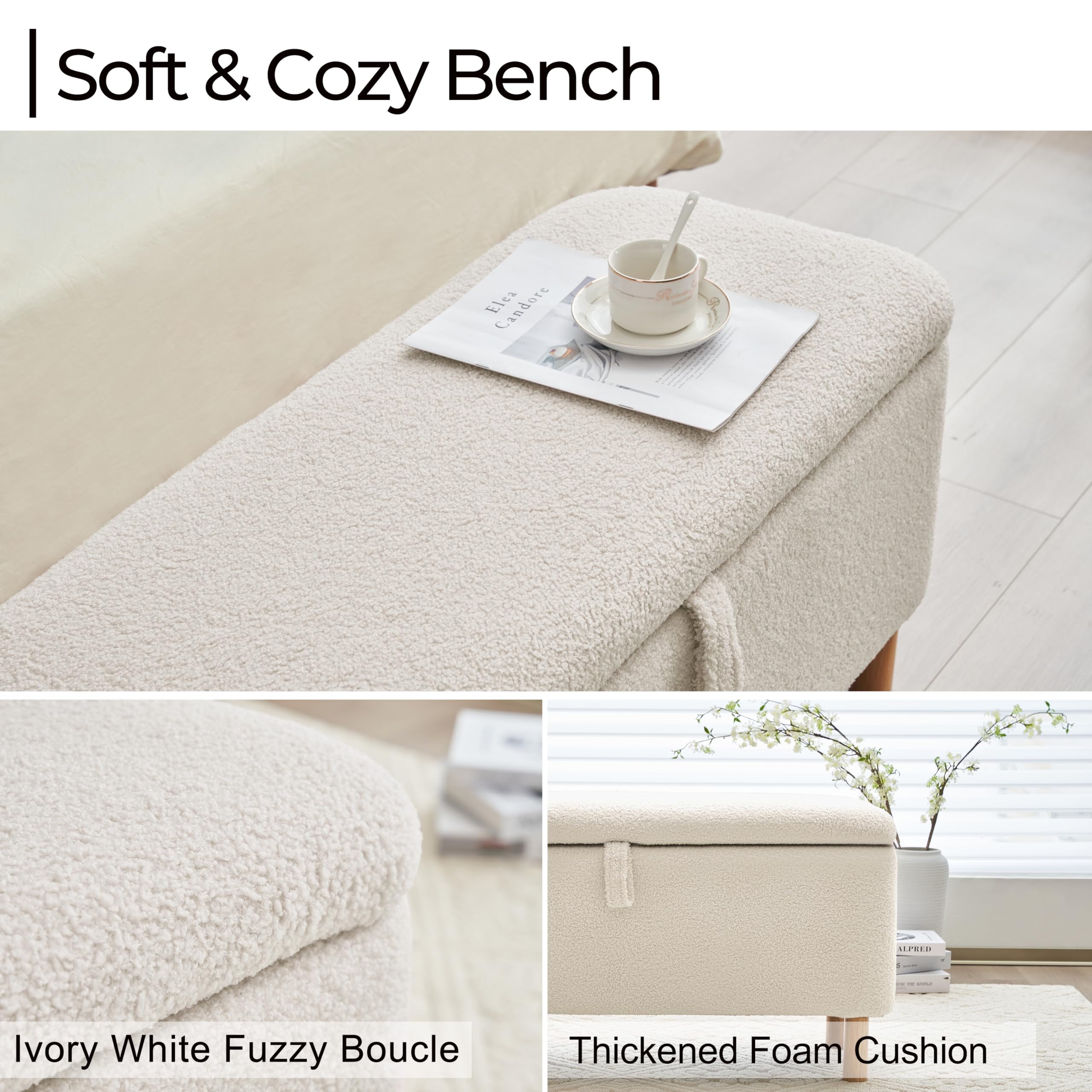 Sherpa Upholstered Boucle Storage Ottoman Bench - Multi-Functional Footrest, Shoe Storage & Blanket Chest for Bedroom, Living Room & Entryway (Off White) | Perfect for Small Space Organization & Cozy Home Decor