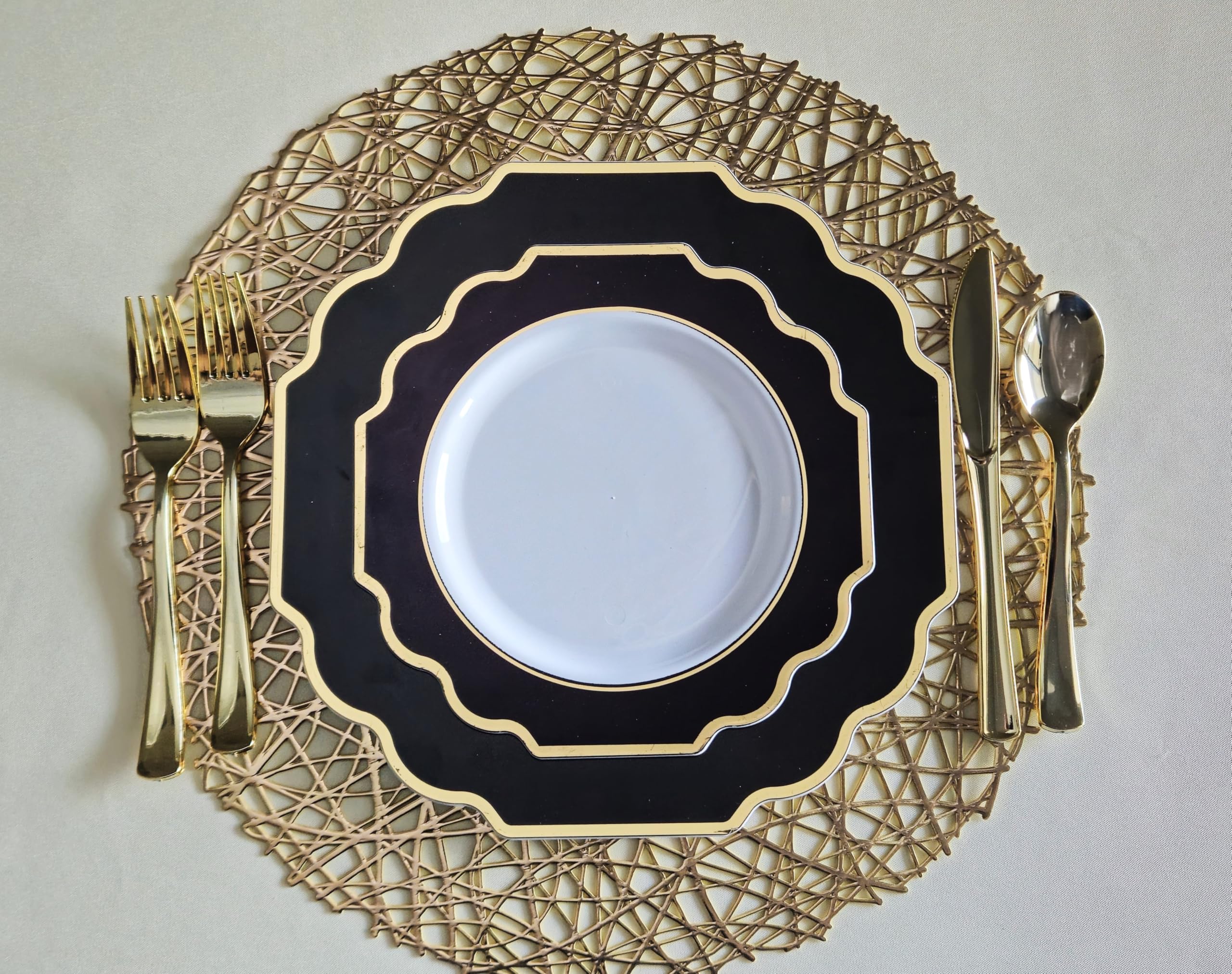 120-Pack Heavyweight Disposable Plastic Plates - 8'' Appetizer & Dessert Plates for Weddings, Parties & Events (White/Black & Gold) - Perfect for Birthday Celebrations, Baby Showers & Holiday Gatherings