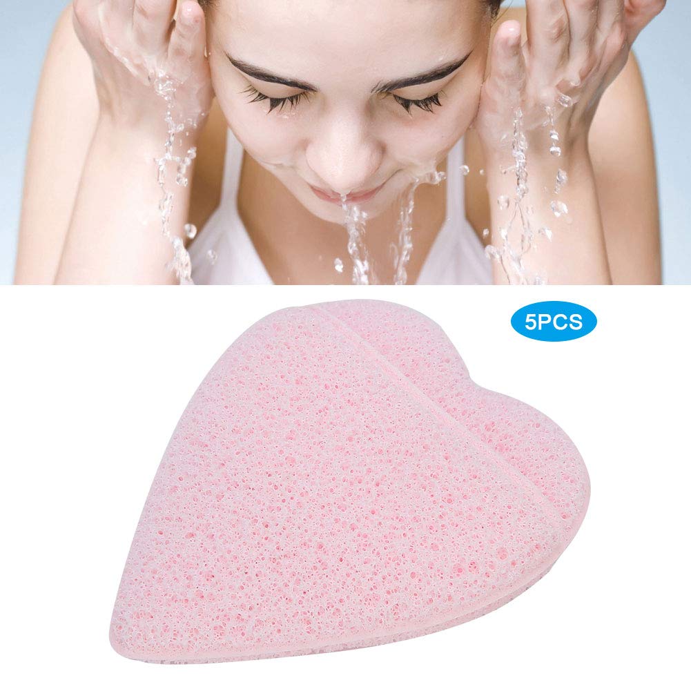 Heart-Shaped Face Washing Pads - 5 Pack Hydrophilic Polyurethane Cleansing Sponges, Soft & Gentle Exfoliating Facial Puff for Women & Girls (Light Pink) - Perfect for Daily Skincare & Makeup Removal