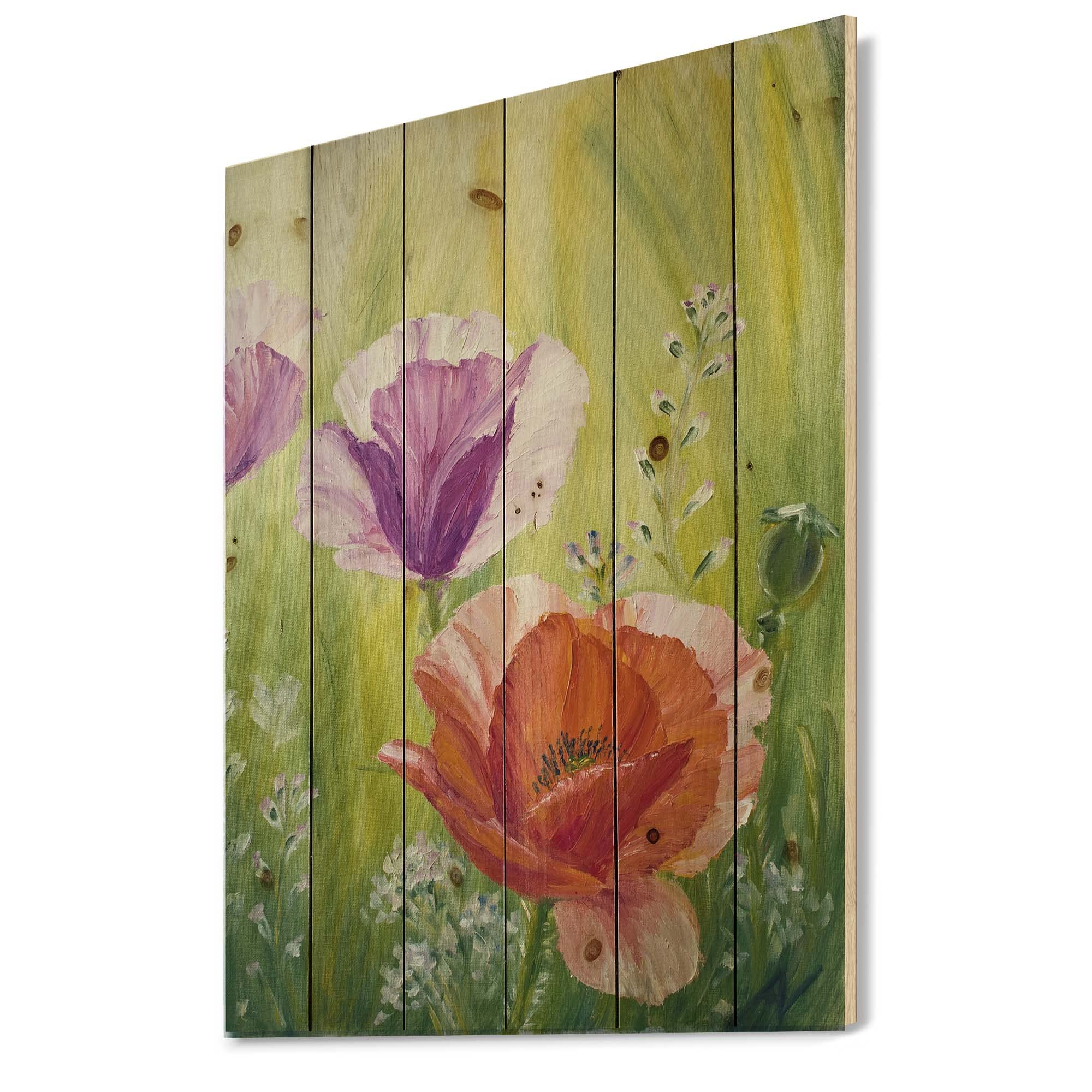 Poppies In The Morning Traditional Wood Wall Decor - Purple Floral Wood Wall Art, Large Pine Wood Wall Panels for Living Room, Bedroom & Office Decor | Handmade Natural Wood Home Décor