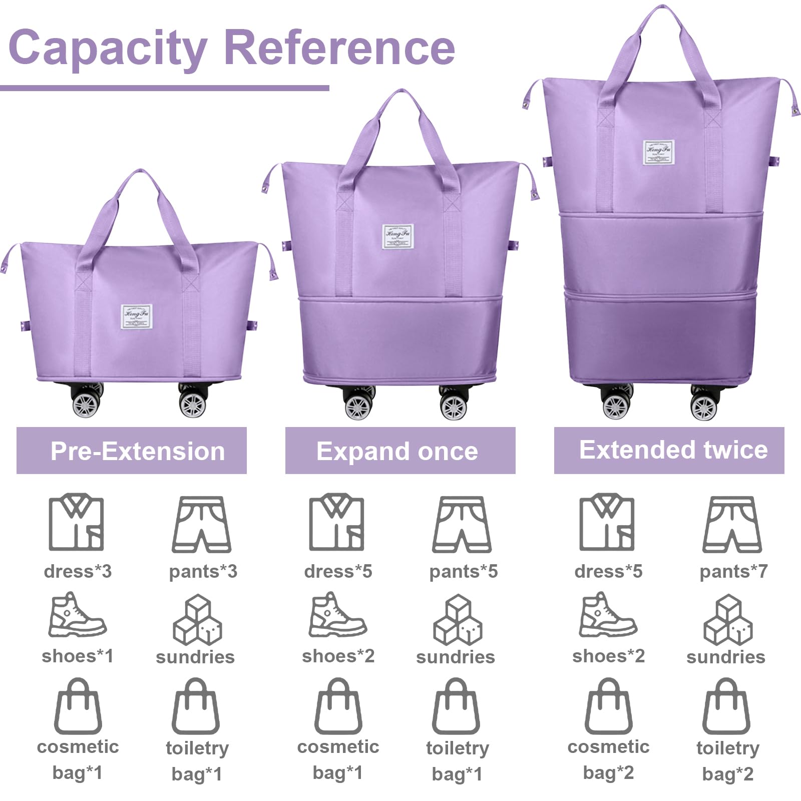 Foldable Expandable Duffel Bag with Detachable Rolling Wheels - Large Carry-on Luggage for Travel, Gym, Camping & Business Trips - Purple Travel Bag for Convenient Packing & Storage