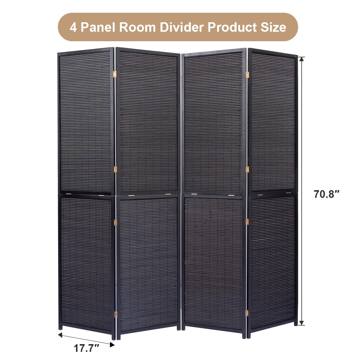 JVVMNJLK 4 Panel Bamboo Room Divider - Folding Privacy Screen & Wall Partition for Home Office, Bedroom Separation - Portable Freestanding Room Divider with Woven Mesh Design (Black) - Perfect for Creating Privacy in Living Rooms, Studios, and Workspaces