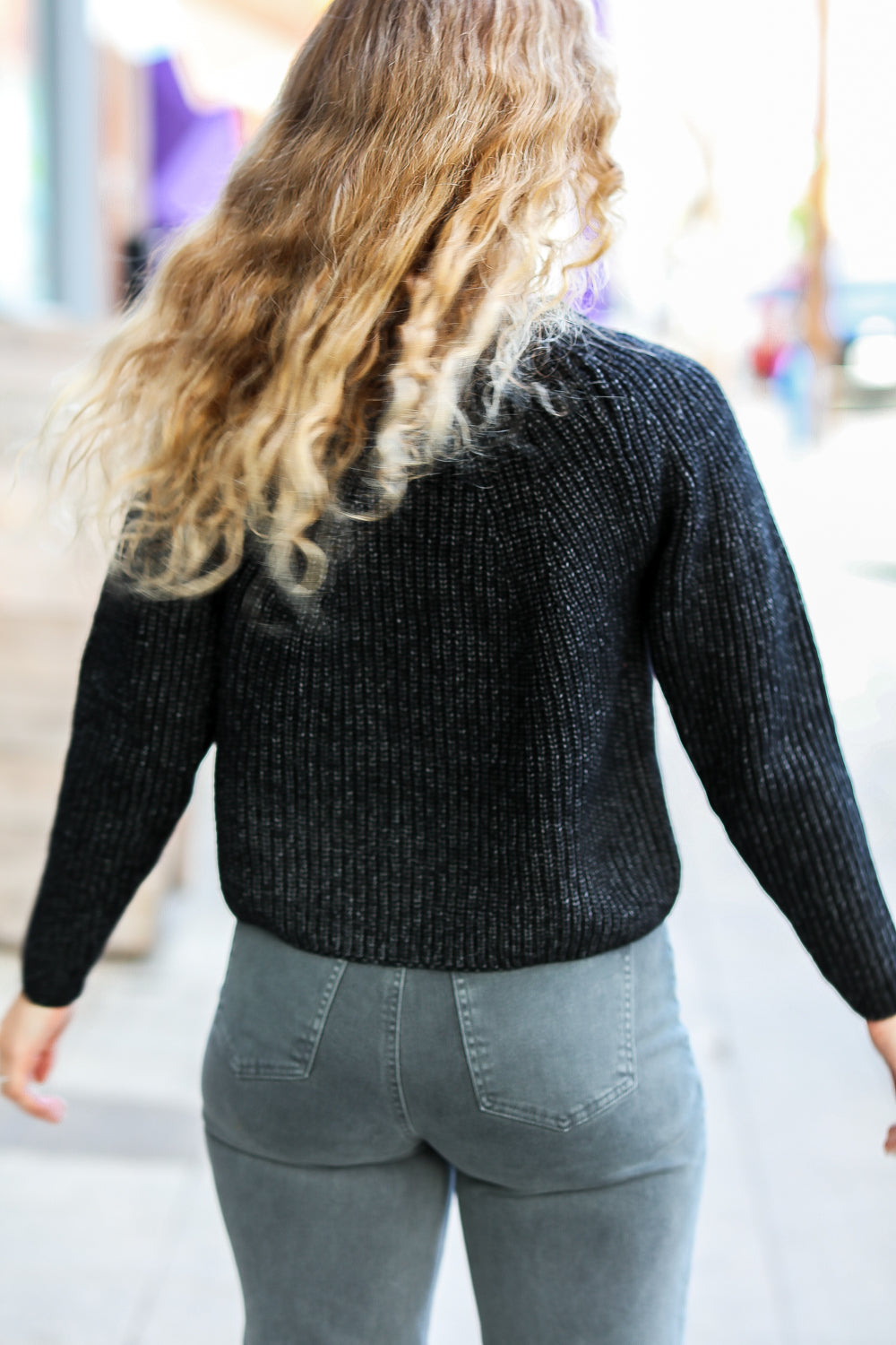 Black Mélange Round Neck Knit Sweater for Women - Soft Casual Pullover for Fall & Winter - Cozy Office Wear & Weekend Outfits