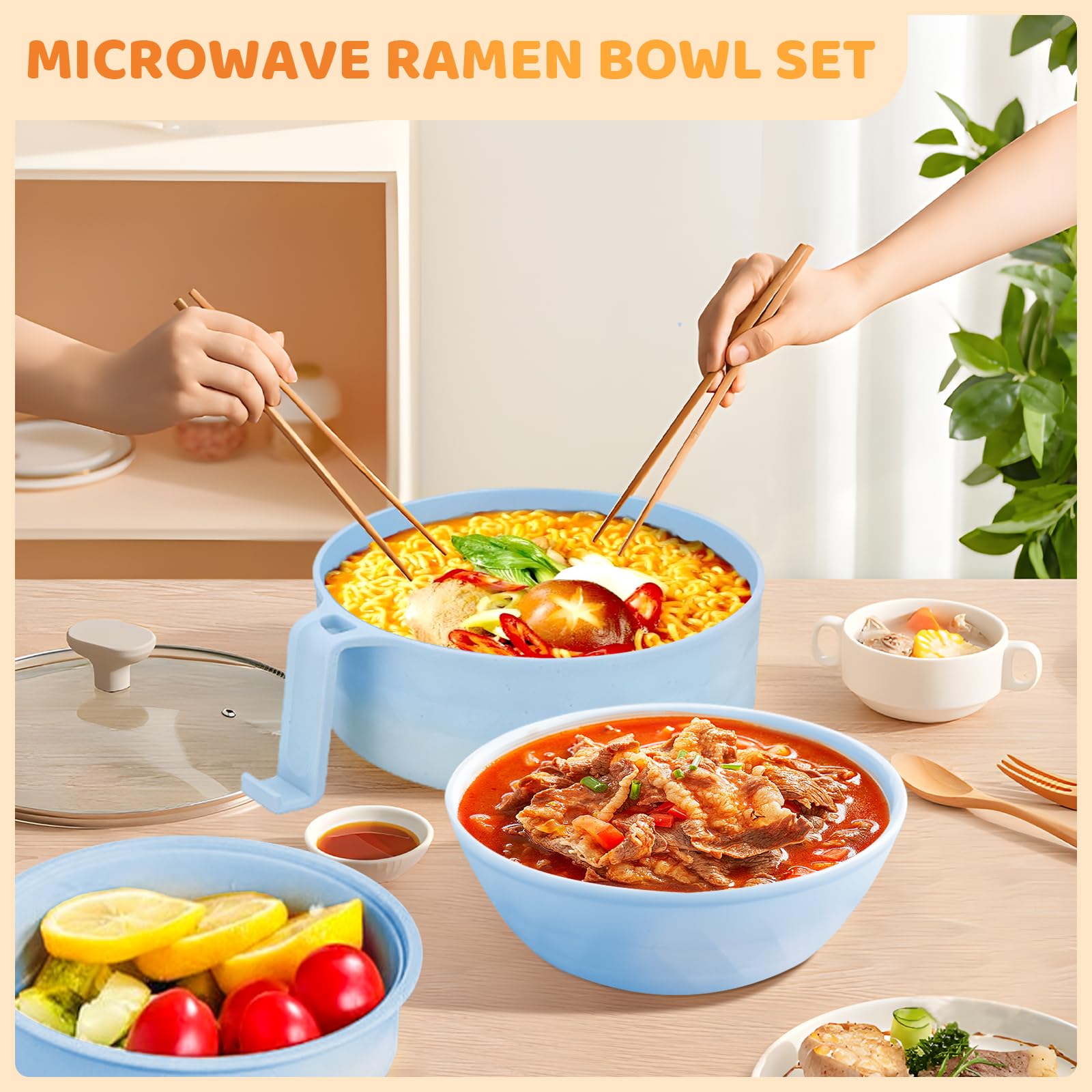 Upgraded Microwave Ramen Bowl Set with Strainer & Utensils - Portable Noodle Cooker for Office & Dorm (Blue)