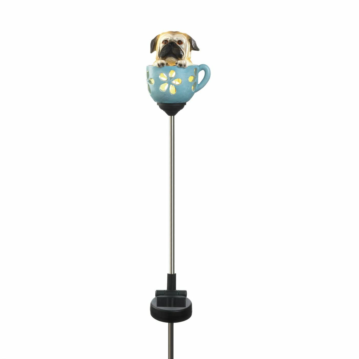 Solar Powered Mini Pug Dog Statue with Blue Teacup - Outdoor Decorative Pathway Lights for Garden, Yard & Patio - Weather Resistant LED Landscape Lighting for Nighttime Ambience