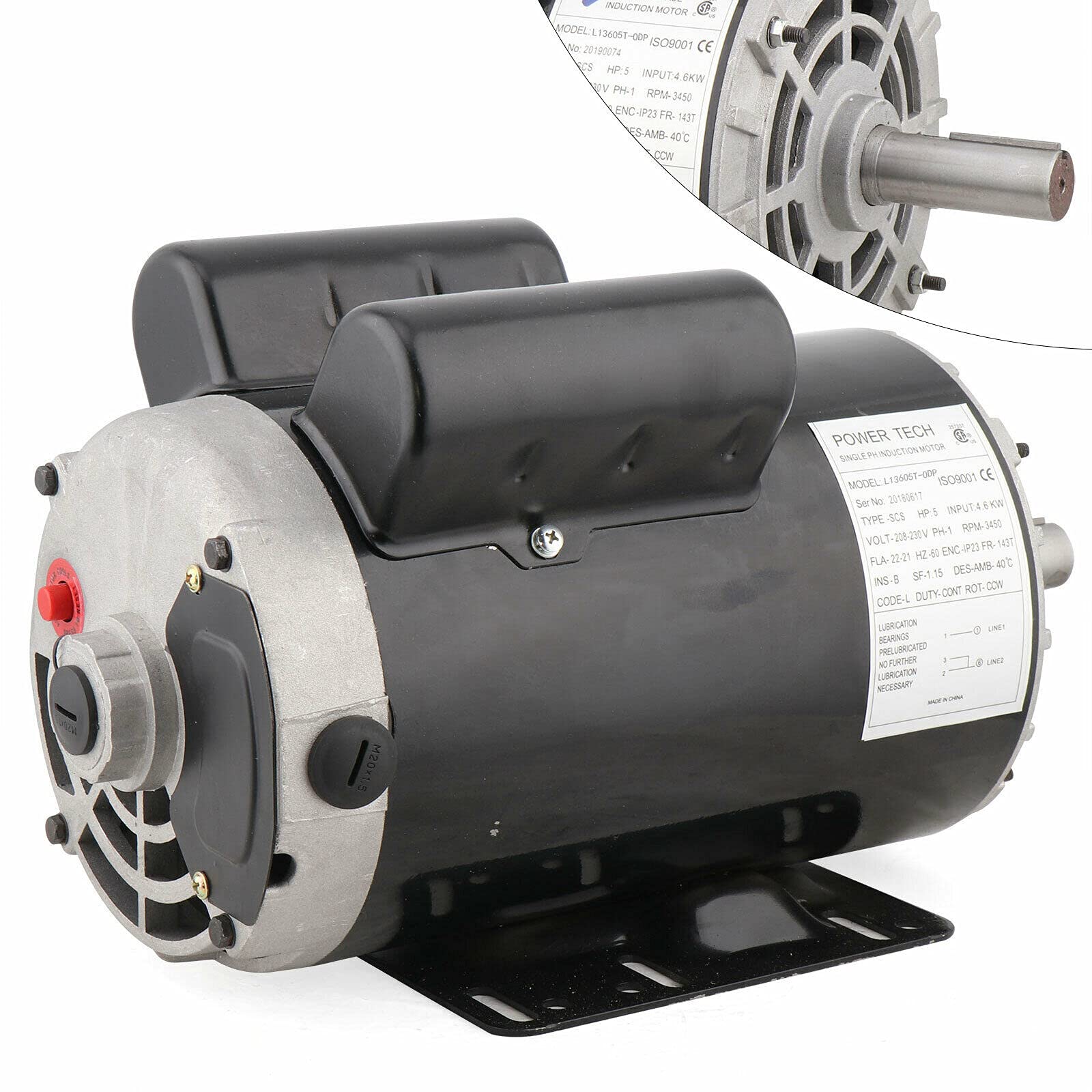 5 HP 1 Phase Air Compressor Motor 208-230V, 4.6kW, 60Hz, 143/5T Frame, 7/8