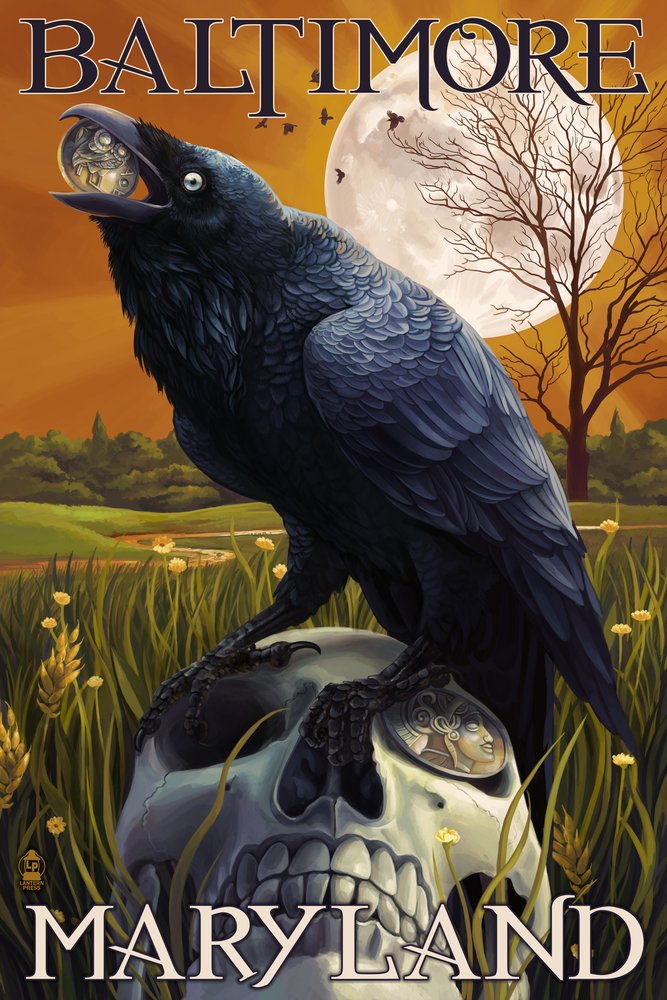 Lantern Press Baltimore Maryland Raven and Skull Wall Art Poster - 12x18 Inches Gothic Home Decor for Living Room, Bedroom & Office
