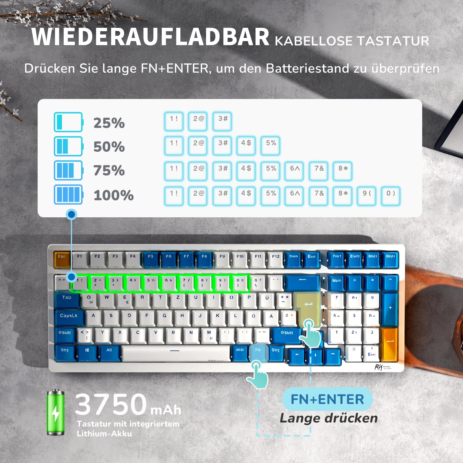 RK ROYAL KLUDGE RK98 Wireless Mechanical Gaming Keyboard - 2.4G/Bluetooth 5.1/USB-C Triple Mode, RGB Backlit, Hot-Swappable Red Switches, 100-Key German QWERTZ Layout - Perfect for Gaming, Office Work & Typing (White)
