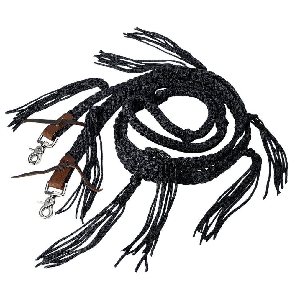 8 ft Hilason Western Horse Nylon Rope with Fringes & Snap - Black - Durable Training Lead for Horses, Ranch Work & Trail Riding