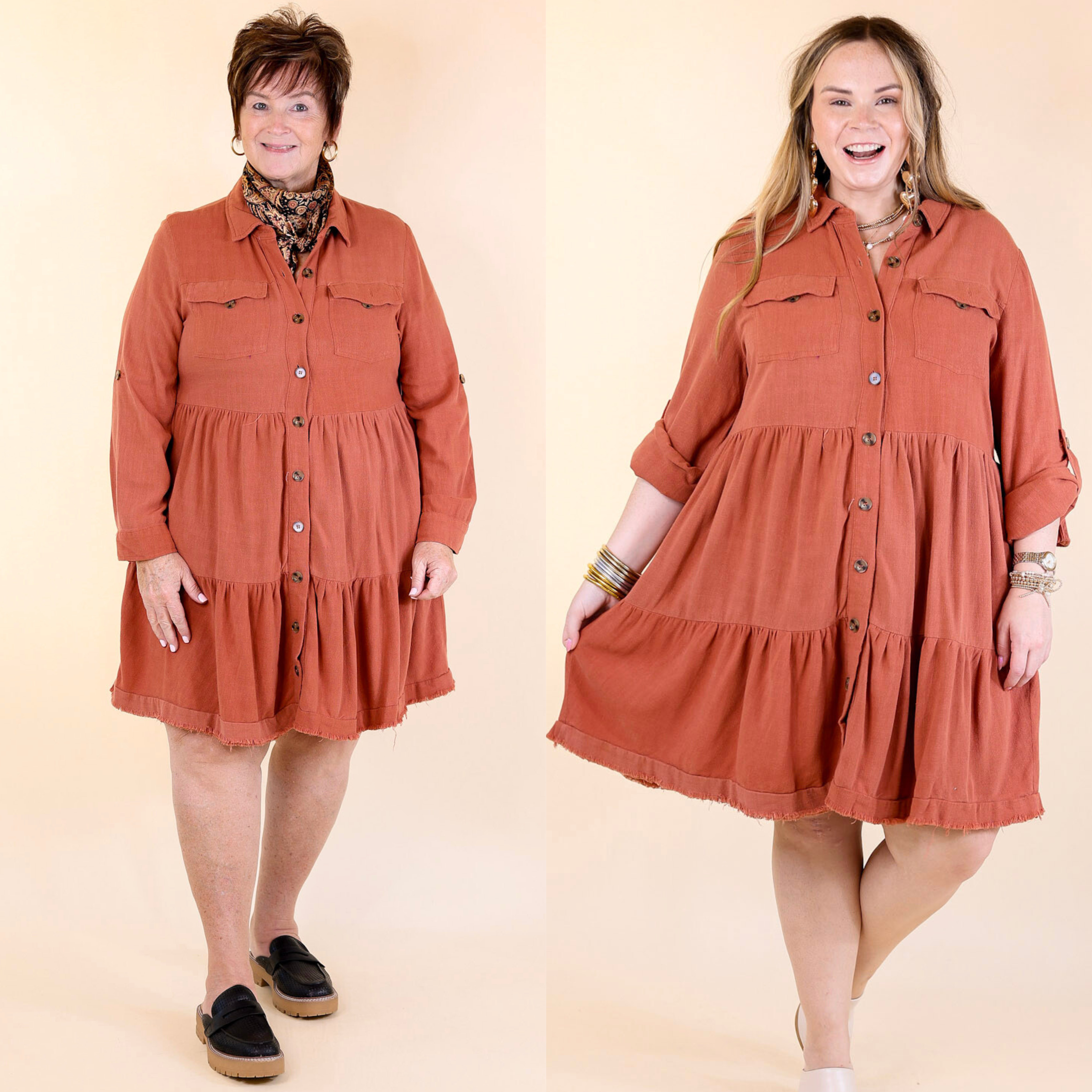 Stylish Rust Orange Long Sleeve Ruffle Tiered Button-Up Dress for Women | Perfect for Fall Fashion, Date Nights & Office Wear