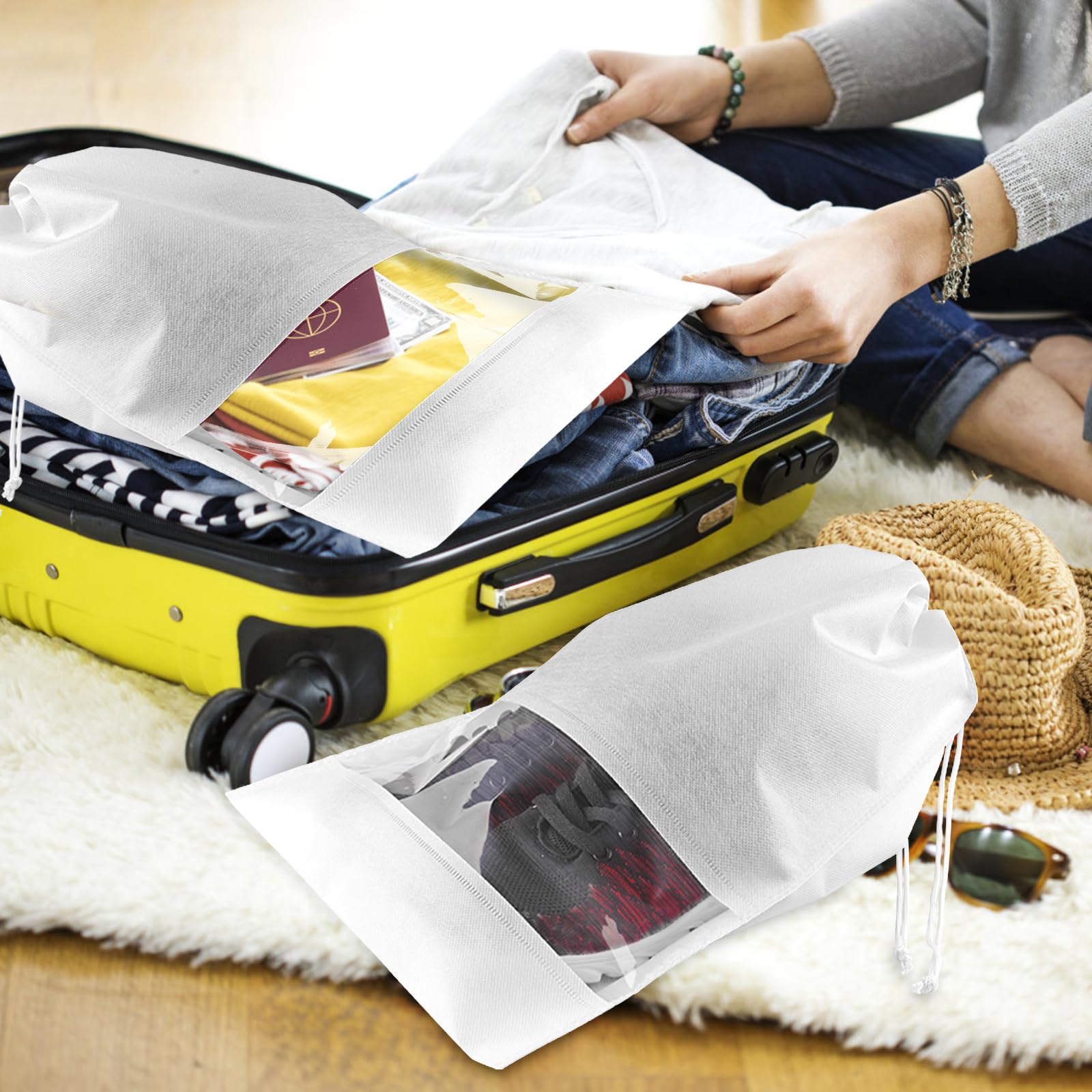12 Pack Large Clear Window Shoe Bags for Travel - Dustproof Drawstring Shoe Storage Organizers for Men & Women (White) - Perfect for Packing Shoes, Gym Bags & Suitcase Organization
