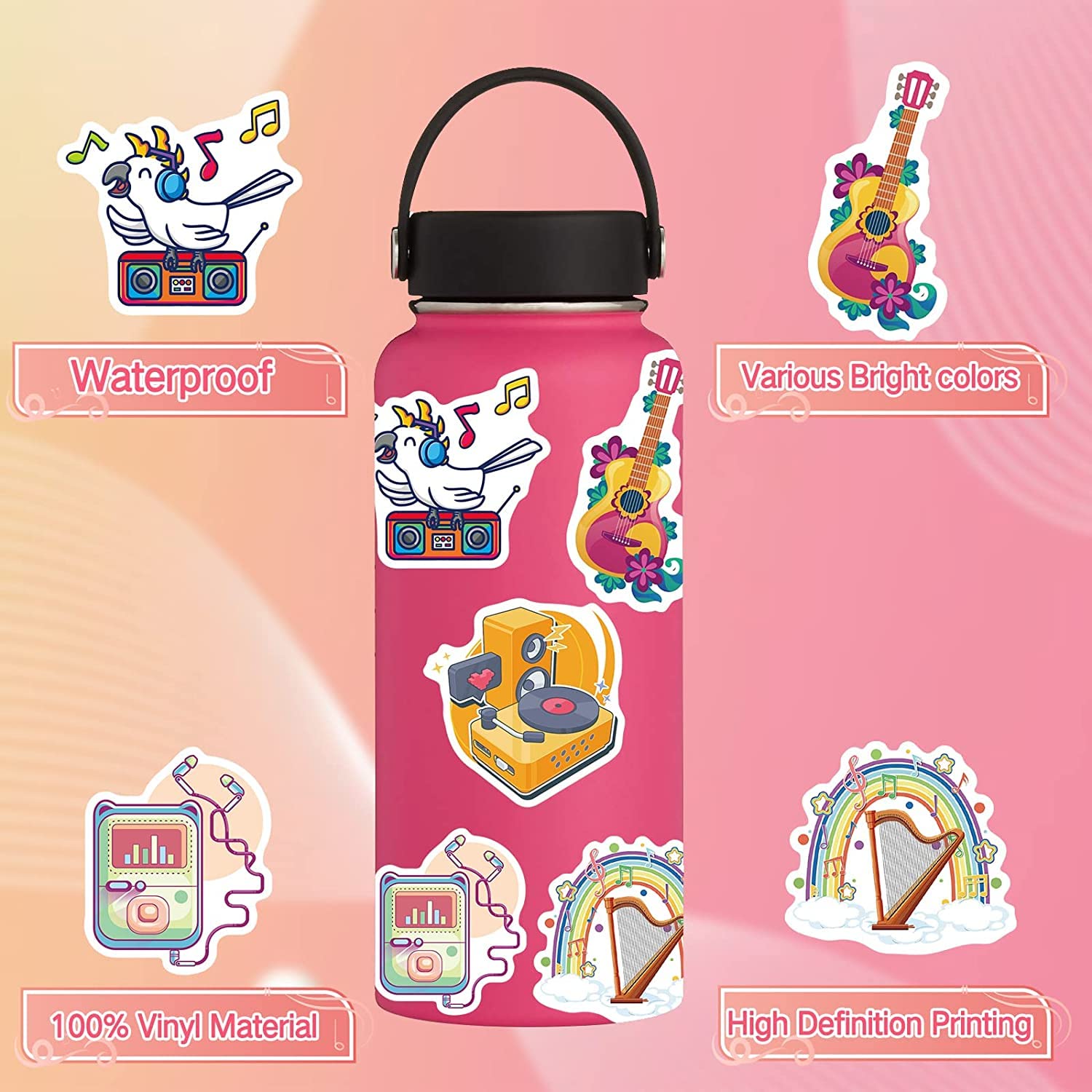 50 Pcs Music Love Stickers - Trendy Vinyl Decals for Guitar, Laptop, Water Bottle, Phone & Scrapbooking - Waterproof Cute Musical Instrument Stickers Pack - Perfect for DIY Crafts, Gift Wrapping & Personalizing Accessories