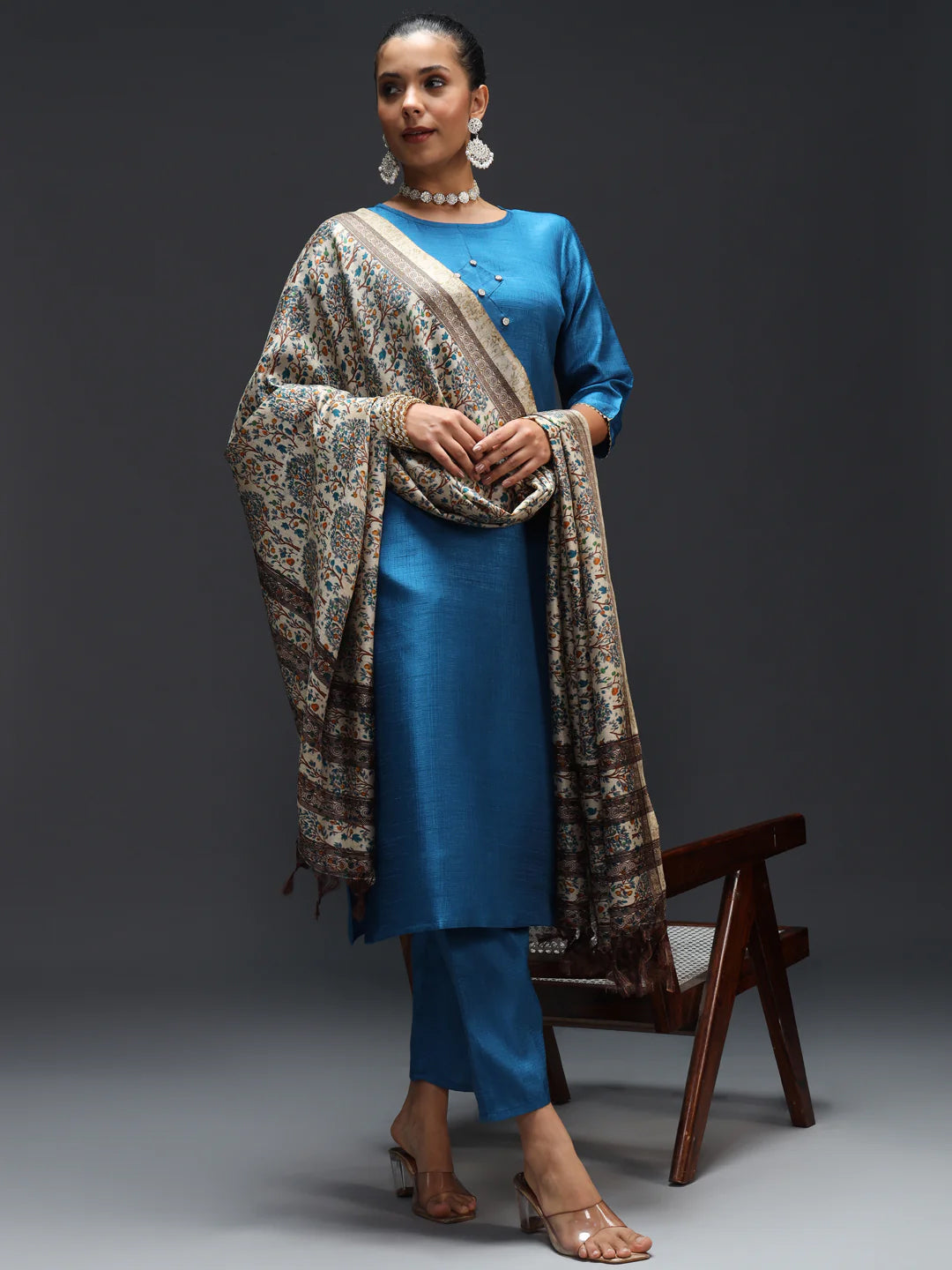 Elegant Blue Embroidered Pant Suit for Women - Formal Office Wear & Special Occasions | Designer Two-Piece Set for Business Meetings & Evening Events