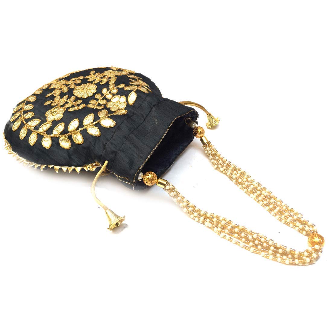 Elegant Black Jewelry Coin Pouch with Pearl Handle - Women's Batwa Wedding Potli Bag & Drawstring Clutch Purse (23x24cm) - Perfect for Bridal Accessories, Gift Giving & Special Occasions