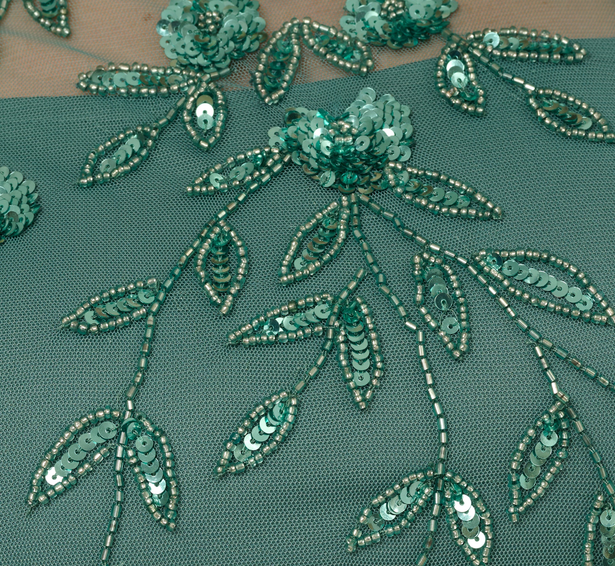 Elegant 3D Floral Beaded Dress with Sheer Short Sleeves in Green Slate - Perfect for Weddings, Parties & Special Occasions