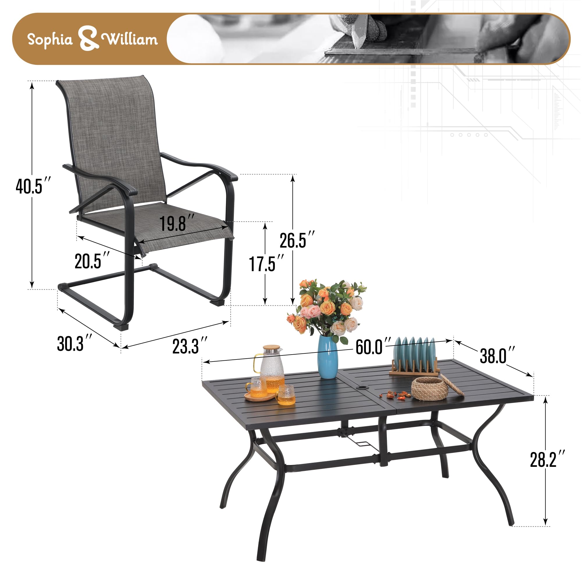 Sophia & William 7-Piece Outdoor Patio Dining Set - 6 Spring Motion Chairs & 1 Rectangular Umbrella Table - Durable Metal Furniture for Garden, Backyard, Lawn & Poolside Relaxation