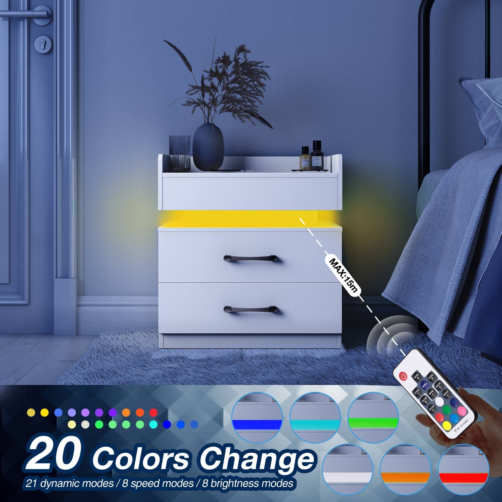 Rolanstar White Modern Nightstand with 2 Drawers, USB Charging Station & LED Lights - Tool-Free Quick Assembly Bedside Table for Bedroom, Living Room, Dorm - Perfect for Reading, Phone Charging & Bedside Storage
