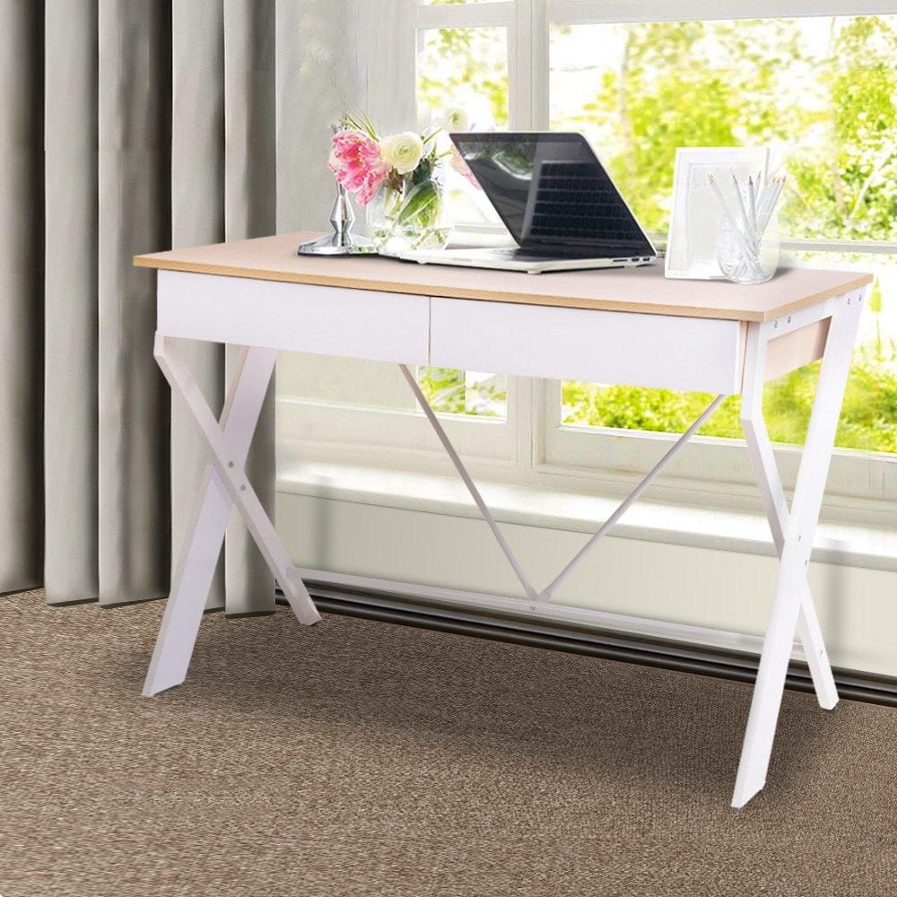 White Metal Desk with Oak Top and Drawer - Modern Home Office Furniture for Small Spaces & Workstations