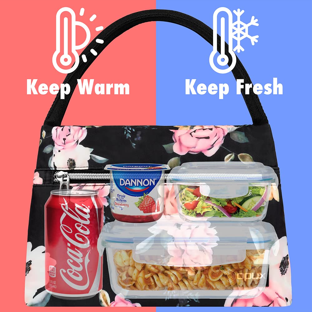 Insulated Lunch Bag for Women & Girls - Reusable Cooler Tote for Work, School, Travel & Picnic - Fits 11 Cans - Floral Rose Design Lunch Box for Adults - Perfect for Office, Hiking and Daily Commute