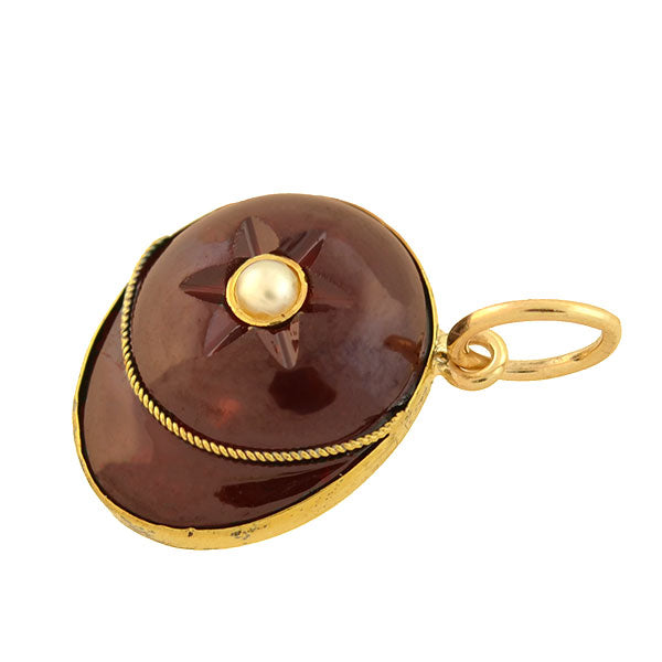 Victorian Style 14K Gold Carved Garnet and Pearl Jockey Cap Charm Pendant - Elegant Jewelry Gift for Equestrian Lovers, Perfect for Necklaces & Charm Bracelets