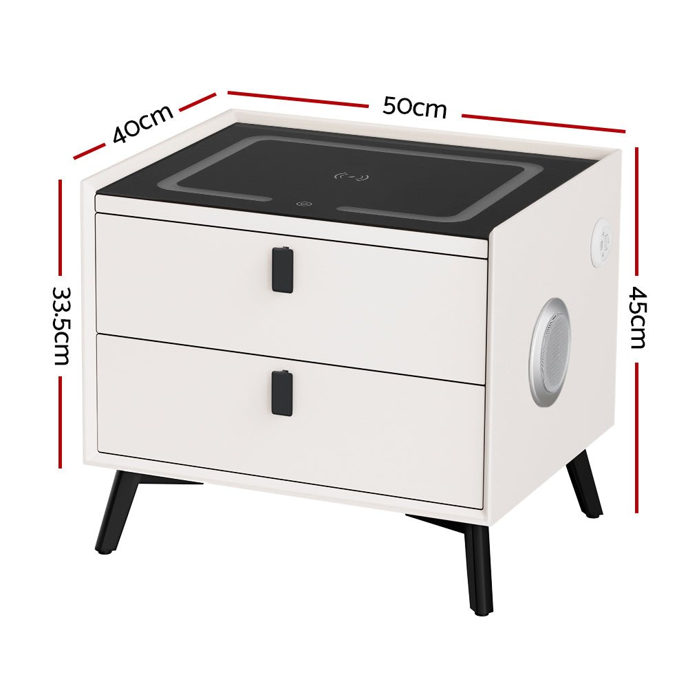 Aika Smart Bedside Table with Wireless Charging, LED Lights & Bluetooth Speaker - Modern Nightstand for Bedroom, Office, or Dorm - White