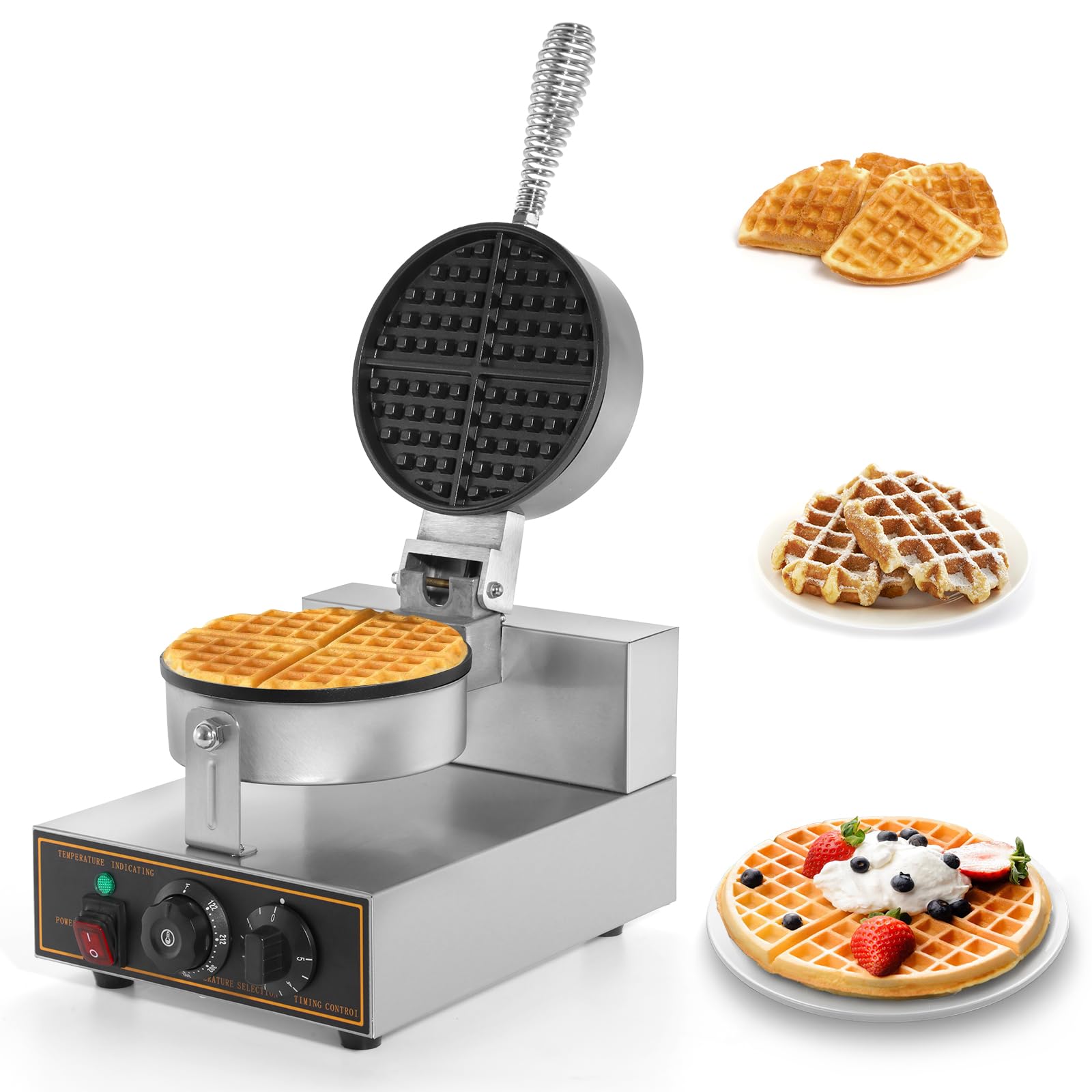 Dyna-Living Commercial Waffle Maker Machine 1200W - Round Stainless Steel Non-Stick Waffle Iron for Restaurants, Cafes & Breakfast Shops - Perfect for Belgian Waffles, Pancakes & Quick Breakfast Service (110V)