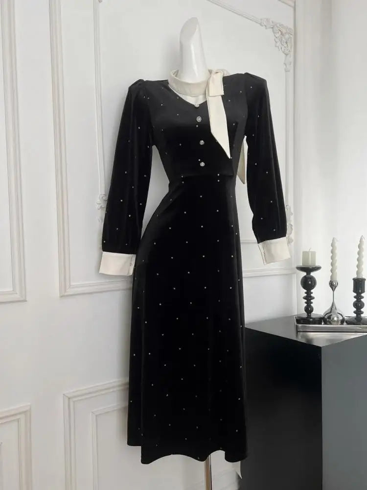 French Black Velvet Patchwork Dot Elegant V-Neck Long Sleeve Party Dress for Women | Autumn Winter 2024 Fashion | Perfect for Evening Events, Cocktail Parties & Formal Occasions