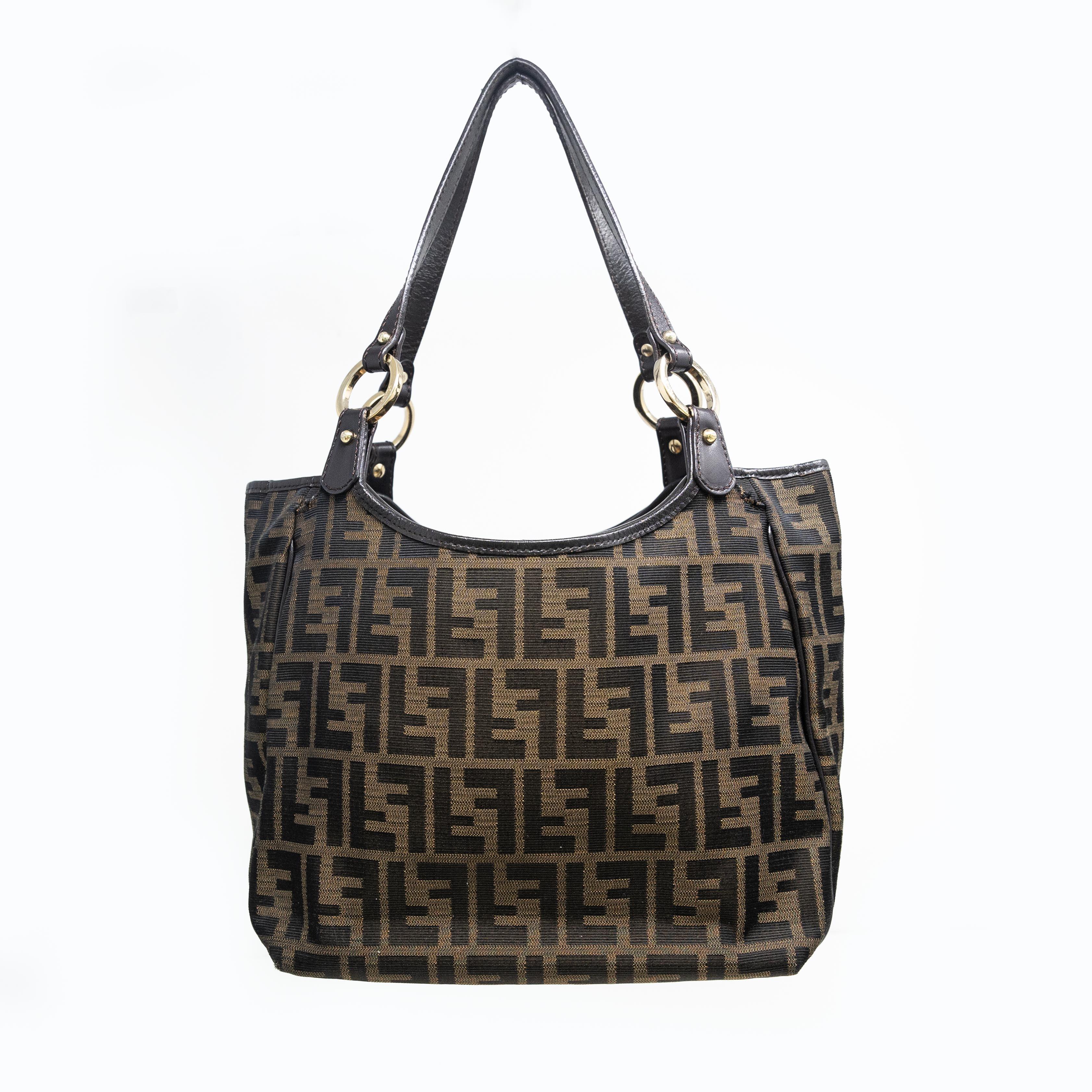 Fendi Zucca Print Brown Leather Shoulder Bag for Women - Stylish Designer Handbag Perfect for Work, Travel & Everyday Use