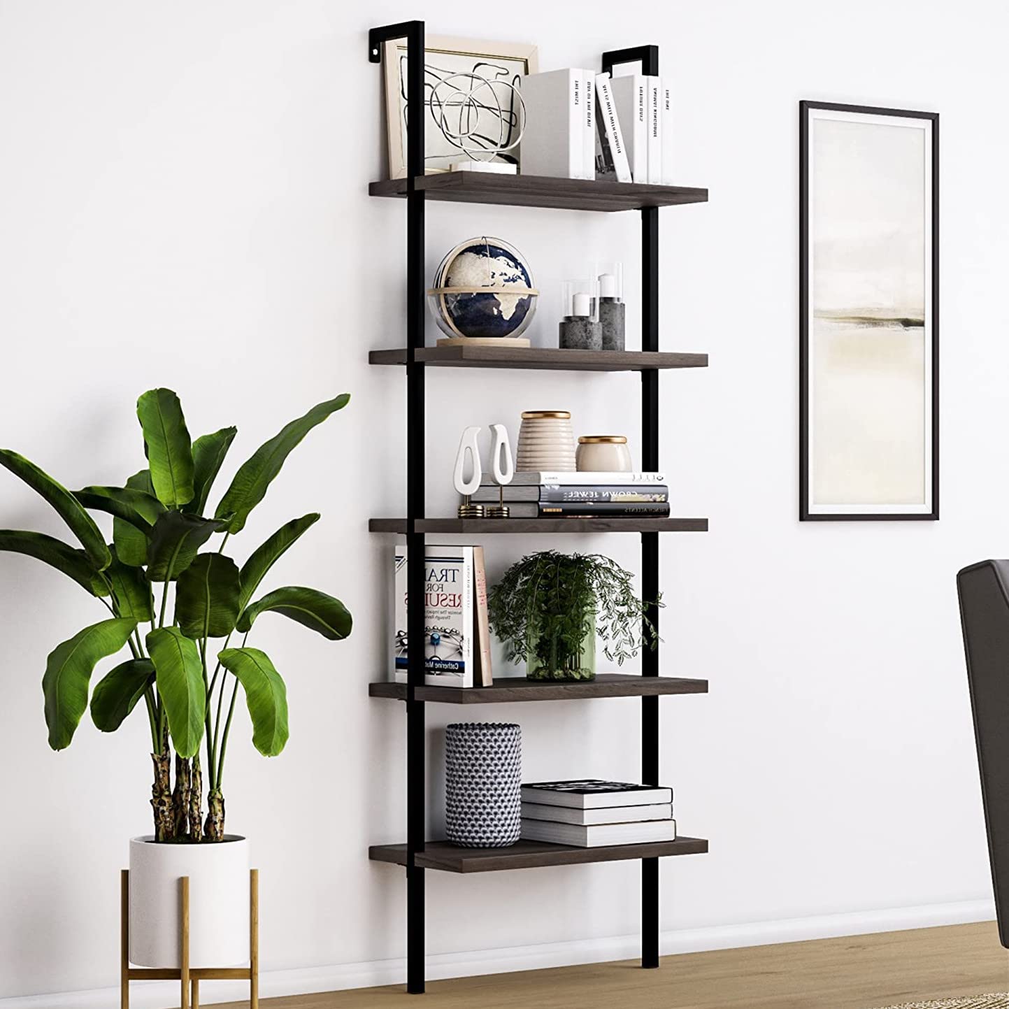 5-Shelf Modern Ladder Bookcase - Industrial Metal Frame Wall Mounted Bookshelf, Wood Storage Shelf Organizer for Home Office (Dark Walnut) - Perfect for Small Spaces, Living Room Decor & Book Storage