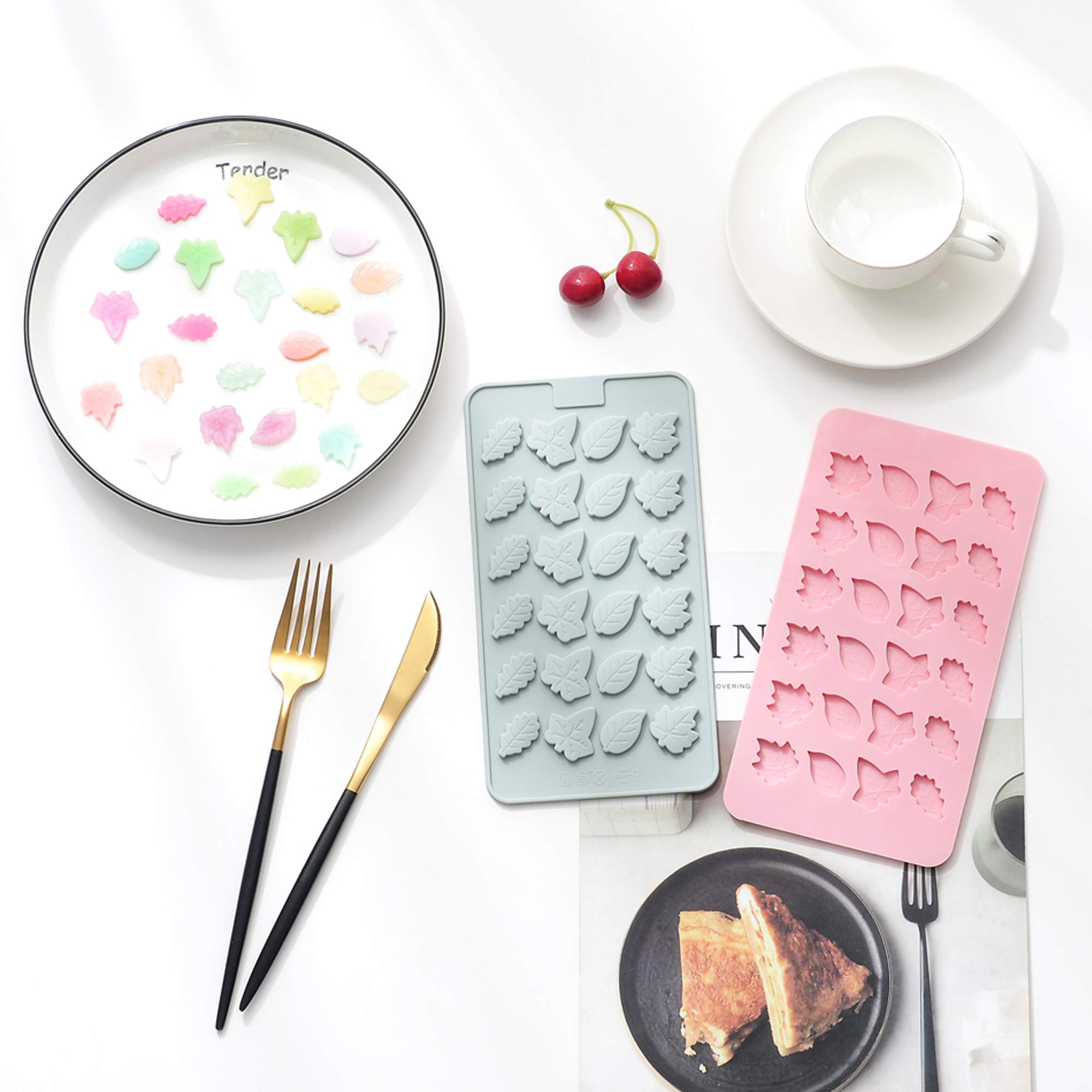 Verdental 2-Piece Small Silicone Leaf Candy Molds Set - Non-Stick Chocolate, Gummy, Cake Decorating & Ice Cube Molds (Blue & Pink) - Perfect for DIY Desserts, Party Treats & Holiday Baking