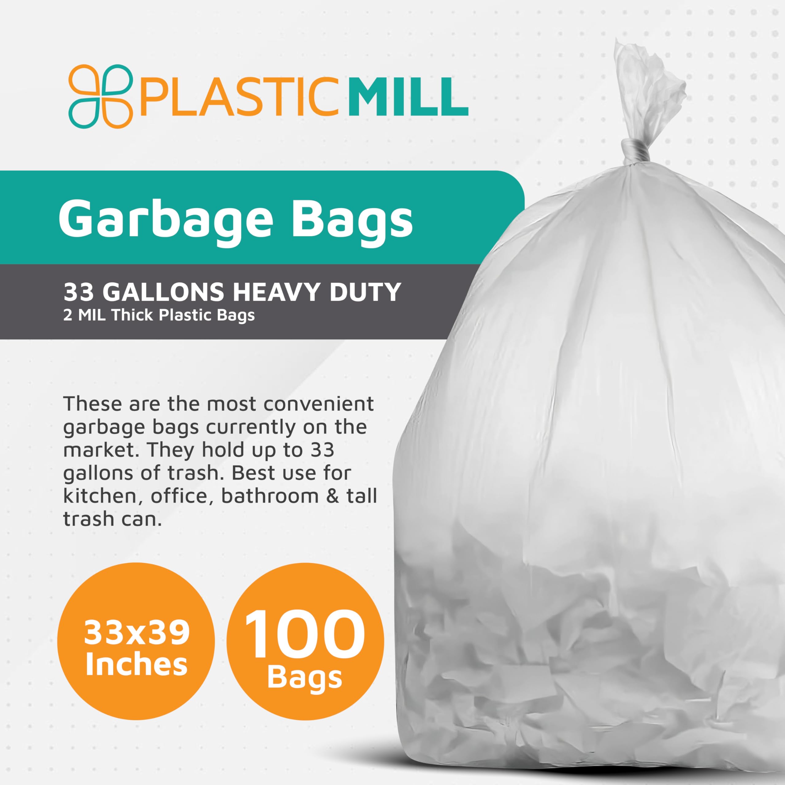 PlasticMill Heavy Duty 33-Gallon Clear Trash Bags - 2 Mil Thick Large Kitchen Garbage Bags (33