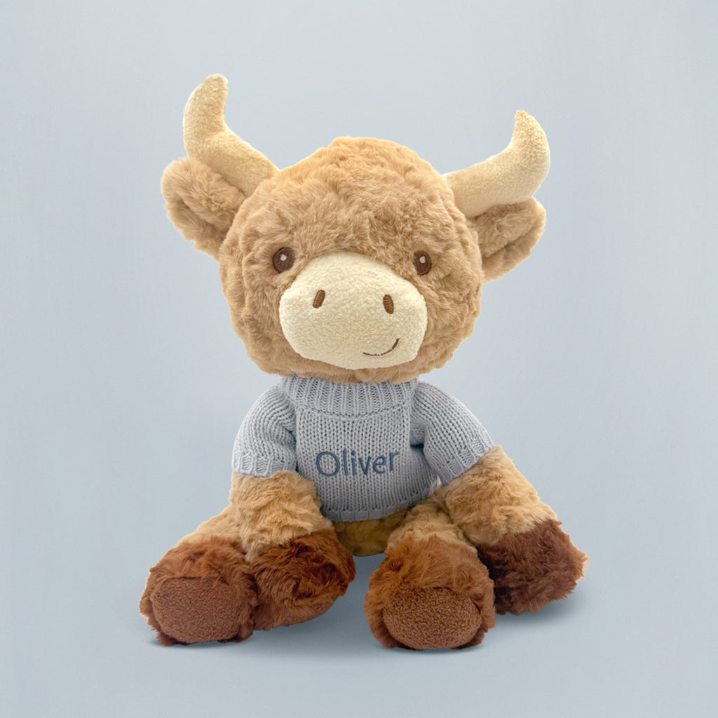Custom Harriet Highland Cow Plush Toy - Blue Stuffed Animal for Kids, Nursery Decor & Gift
