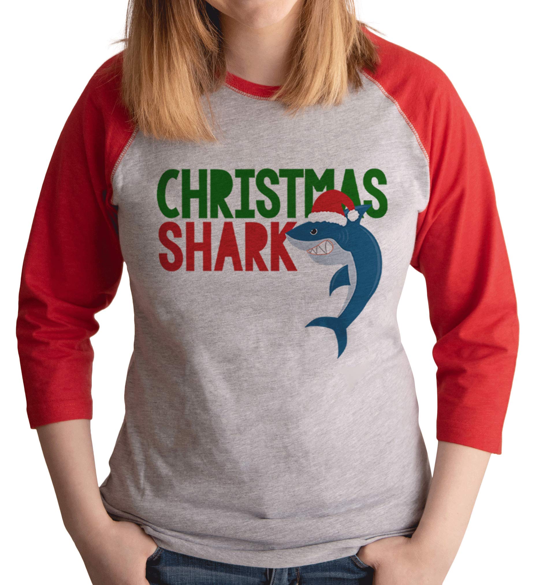 7 ate 9 Apparel Women's Shark Christmas T-Shirt - Funny Holiday Graphic Tee - Red Casual Shirt for Christmas Parties, Gift Exchange & Festive Outfits