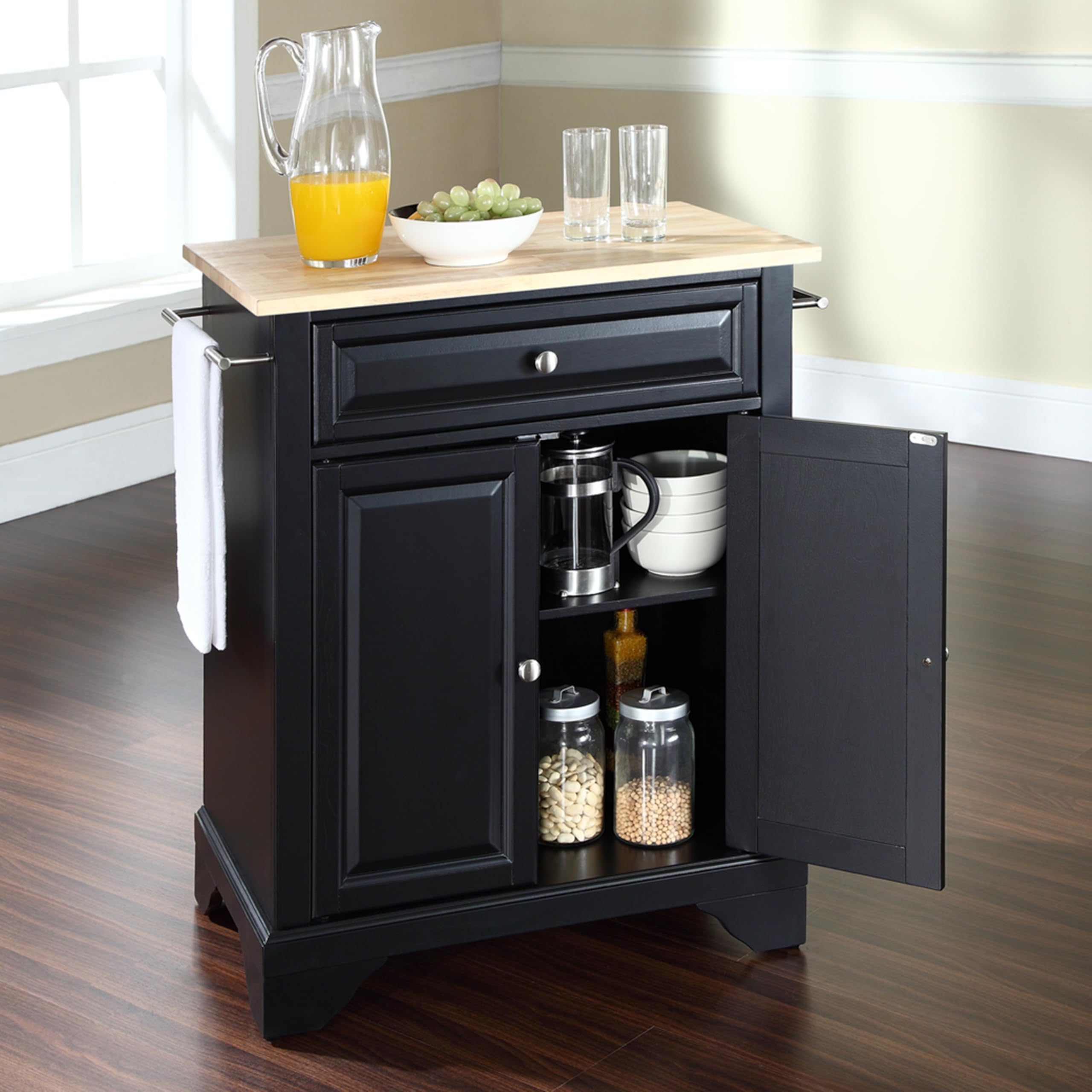 Crosley Lafayette Wood Top Portable Kitchen Island Cart with Wheels - Small Rolling Microwave Stand, Storage Cabinet for Small Spaces - Perfect for Kitchen, Dining Room, or Apartment Use