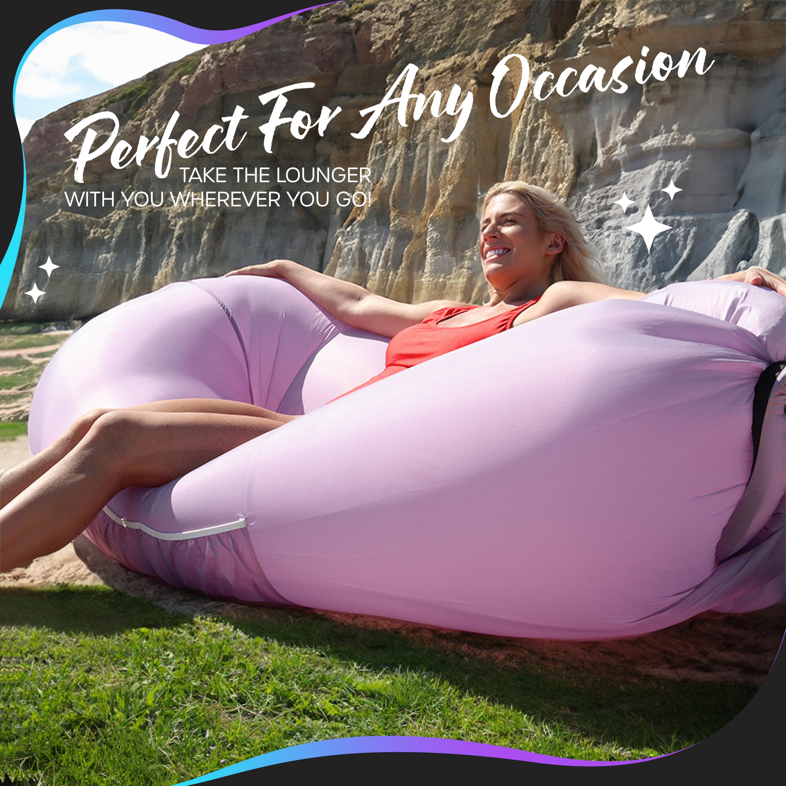 Nevlers Inflatable Lounger - 210T Polyester Portable Air Sofa Bed with 450 lbs Capacity | No Pump Blow Up Couch for Camping, Beach, Pool & Indoor Use | Includes Storage Pockets & Carry Bag | Perfect for Adults & Kids Outdoor Relaxation