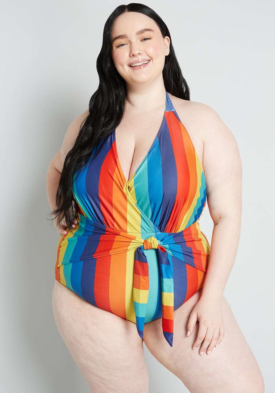 ModCloth x Collectif The Brooke One Piece Swimsuit - Rainbow Stripes Retro Bathing Suit for Women | Perfect for Beach Vacations, Pool Parties & Summer Getaways