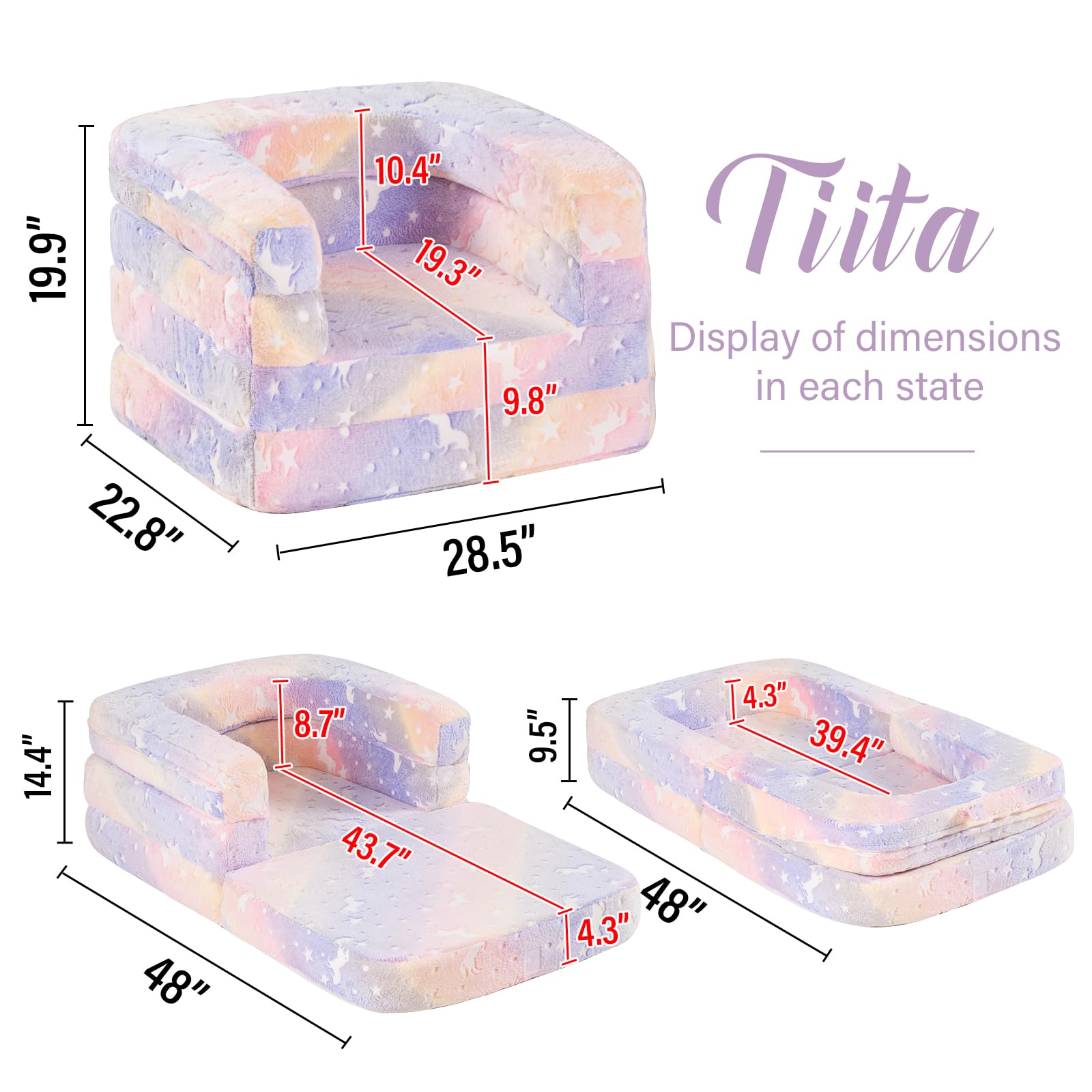 Tiita 3-in-1 Convertible Kids Sofa Bed - Plush Toddler Chair & Portable Travel Bed with Washable Cover & Carrying Handle - Perfect for Nursery, Playroom & Travel - Gift for Boys & Girls