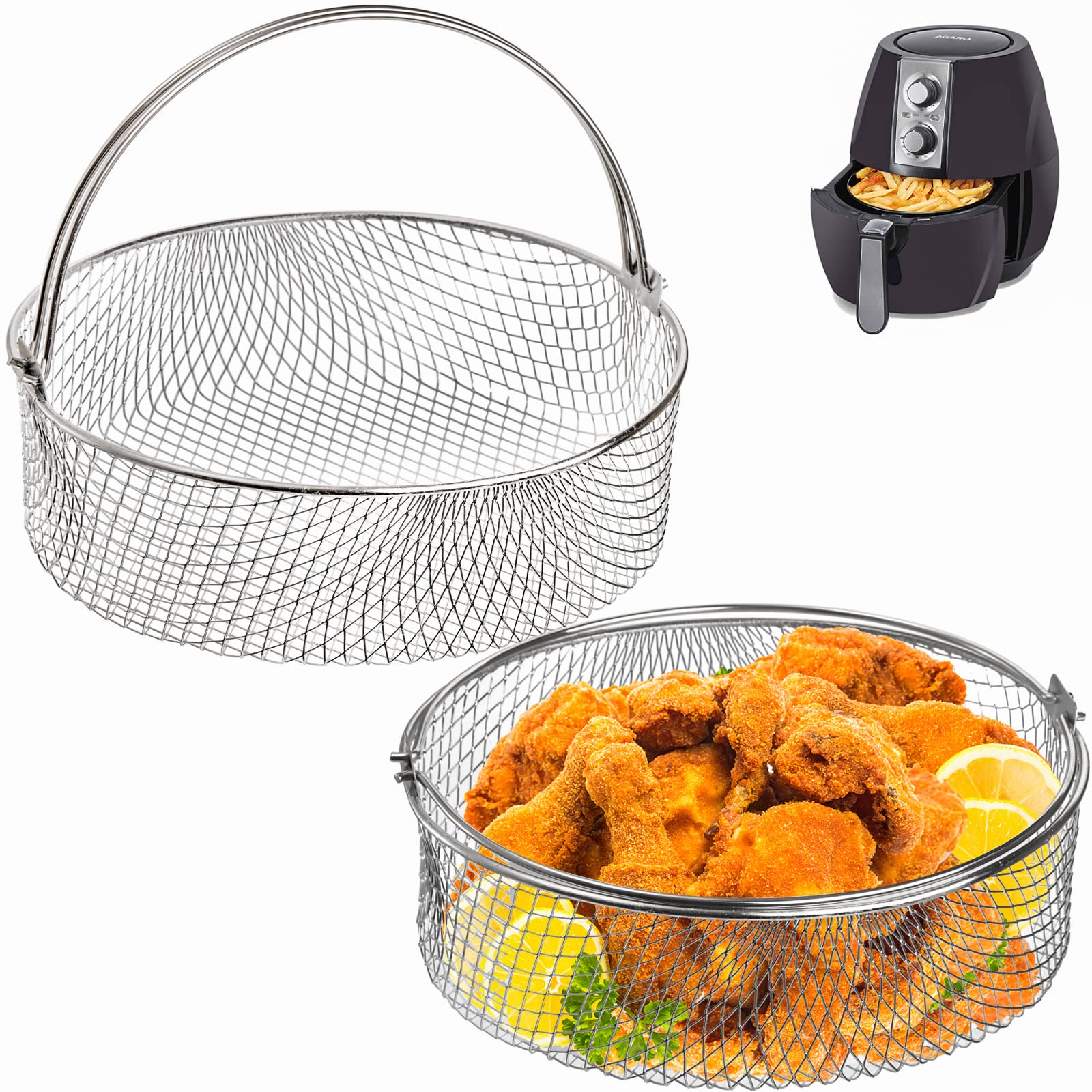 Elsjoy 2 Pack 8 Inch Air Fryer Basket Replacement - 18/8 Stainless Steel Mesh Basket with Handle for Air Fryer, Instant Pot, Oven & Steamer - Perfect for Crispy Fries, Chicken Wings & Healthy Cooking