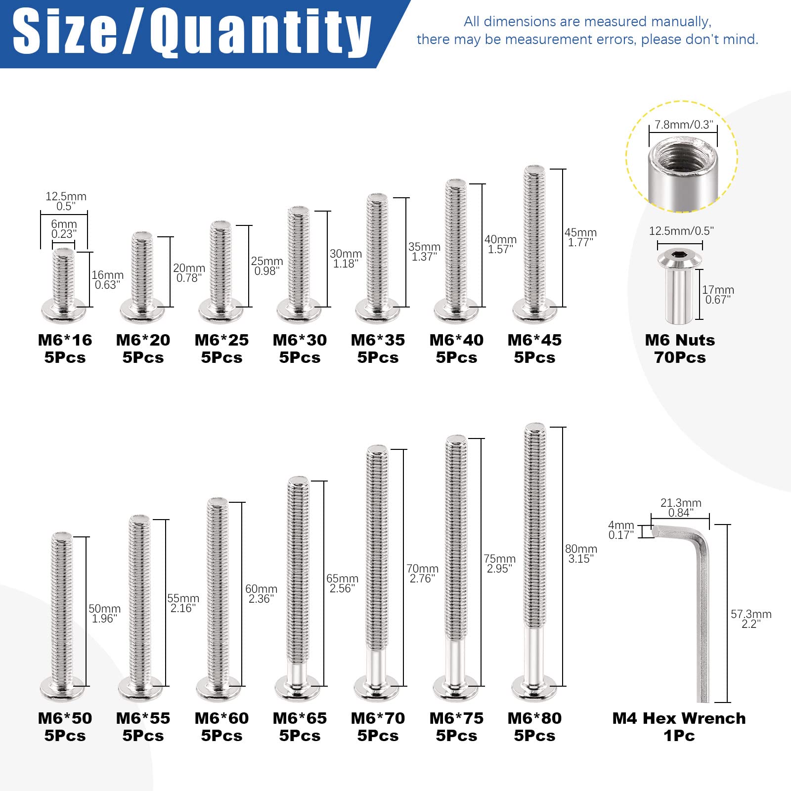 Glarks 141Pcs M6 Hex Bolt Kit - 14 Sizes Nickel-Plated Screws for Furniture & Crib Repair