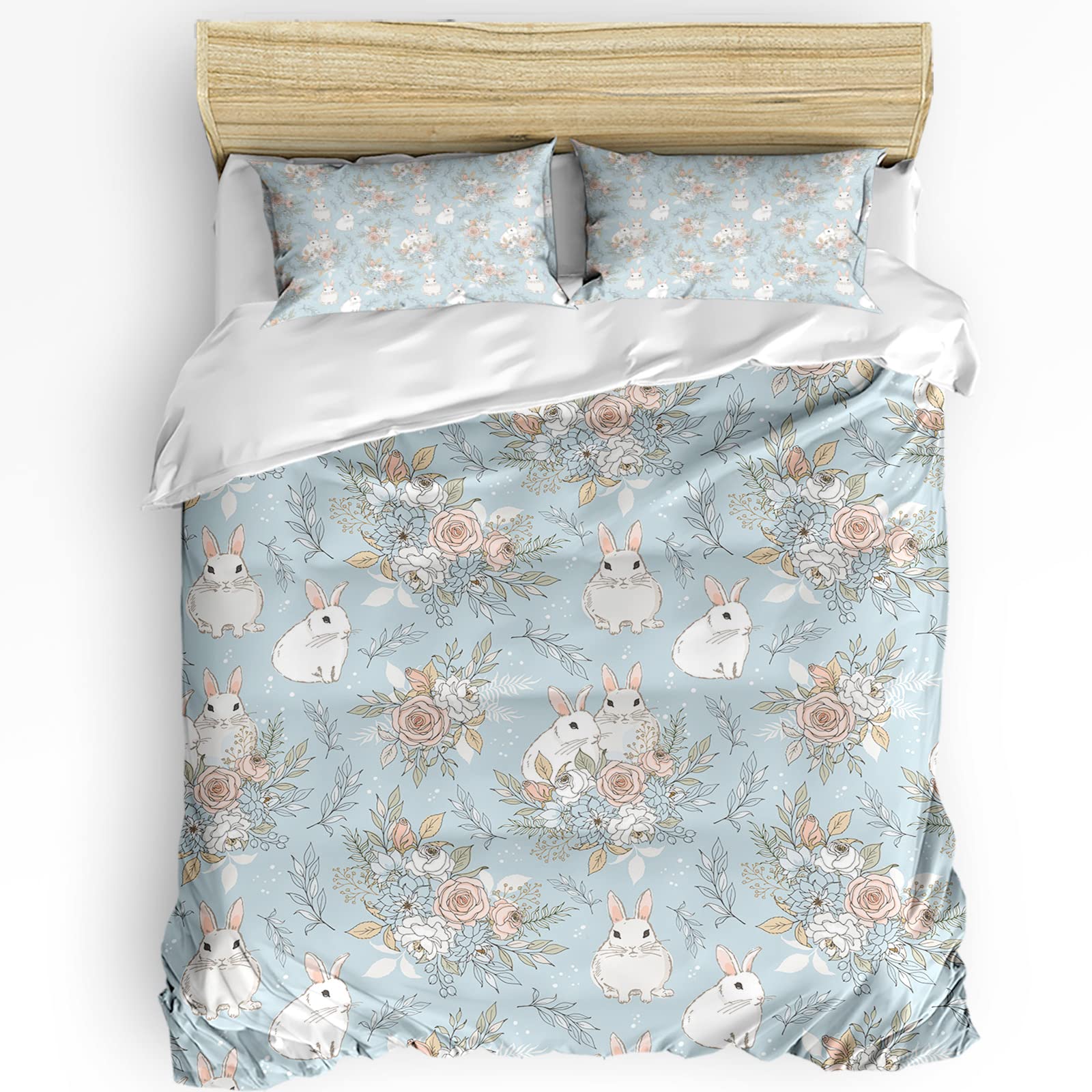 HELLOWINK Full Size 3-Piece Duvet Cover Set - Easter Rabbit Spring Floral Design with 2 Pillow Shams | Lightweight Soft Comforter Cover in Blue | Perfect for Spring Bedroom Decor & Guest Room Makeover