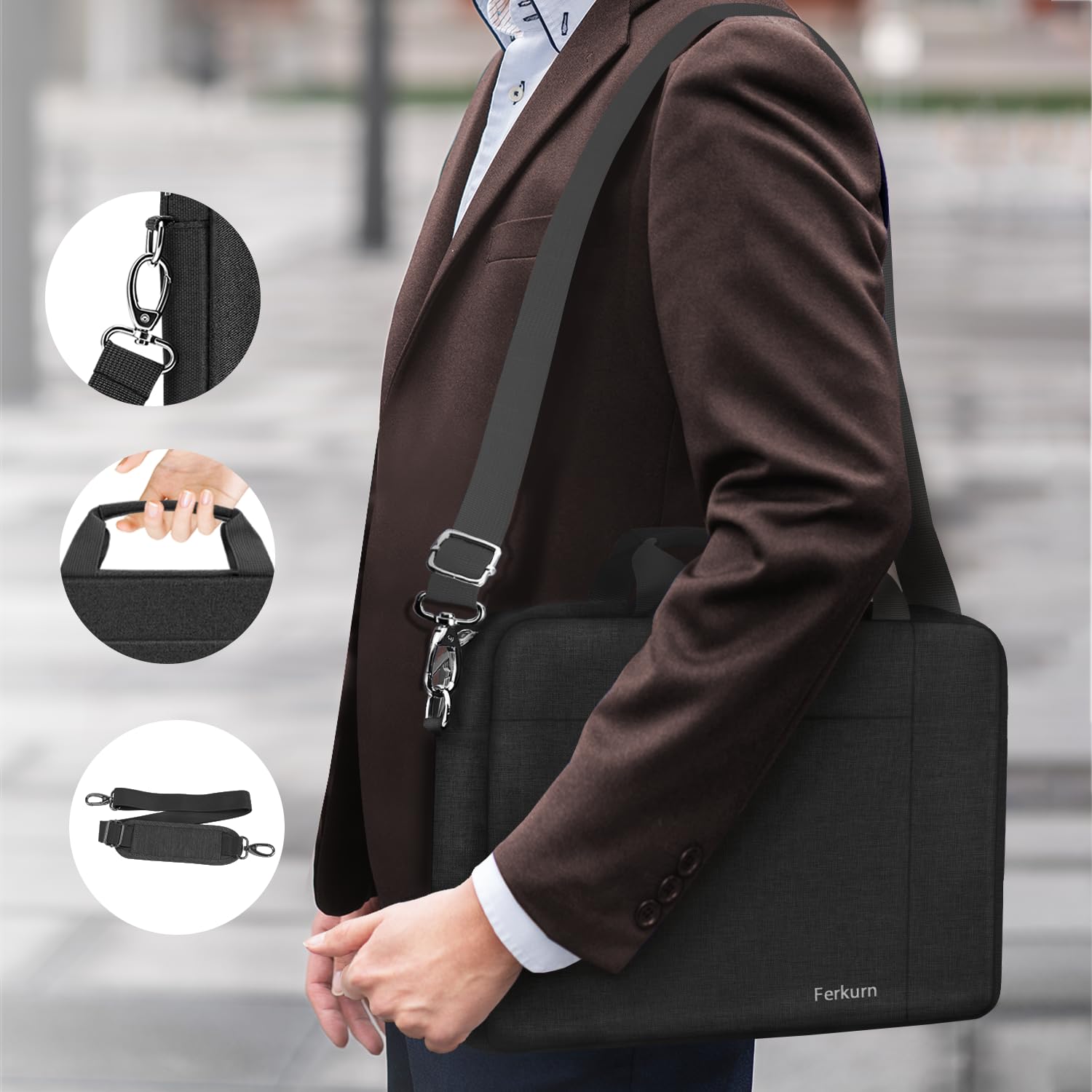 Ferkurn 14 15 15.6 Inch Laptop Bag for Women & Men - Waterproof Computer Briefcase Compatible with HP Pavilion, Dell Inspiron XPS, Lenovo ThinkPad, ASUS VivoBook, Acer Chromebook & More - Perfect for Work, School & Travel - Black Shoulder Messenger Bag