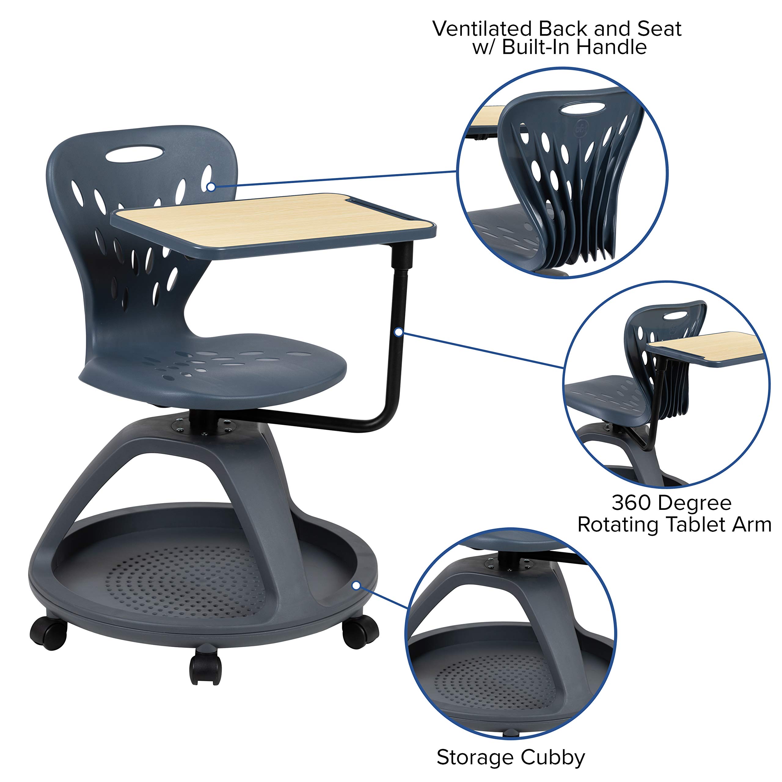 EMMA + OLIVER Dark Gray Mobile Desk Chair with 360° Swivel & Storage Cubby - Ergonomic Rolling Office Chair for Home, Office, Study & Gaming - Perfect for Small Spaces & Workstations