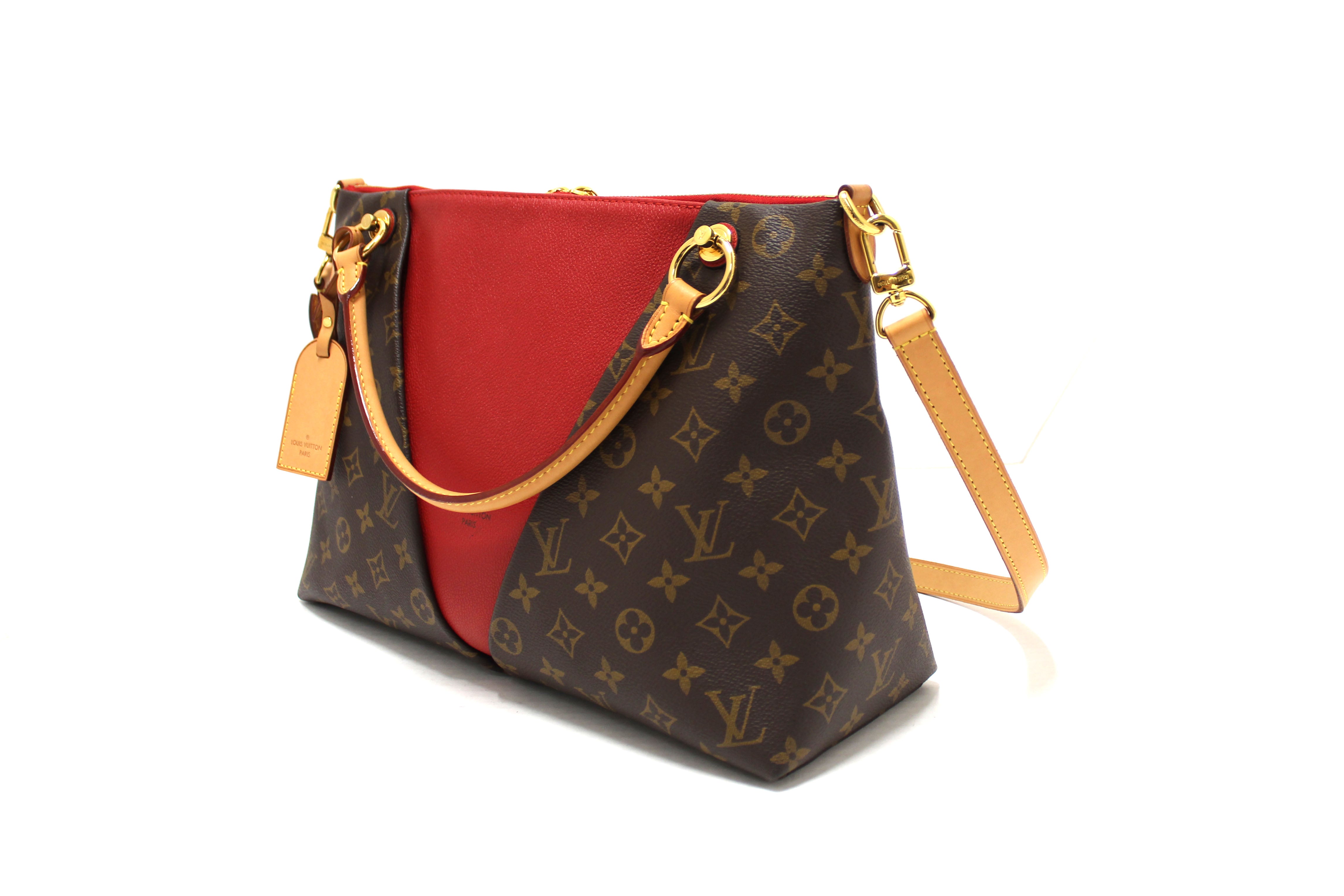 Authentic Louis Vuitton Monogram Canvas Tote Bag with Red Leather Trim - Luxury Designer Handbag for Women, Perfect for Work, Travel & Everyday Use