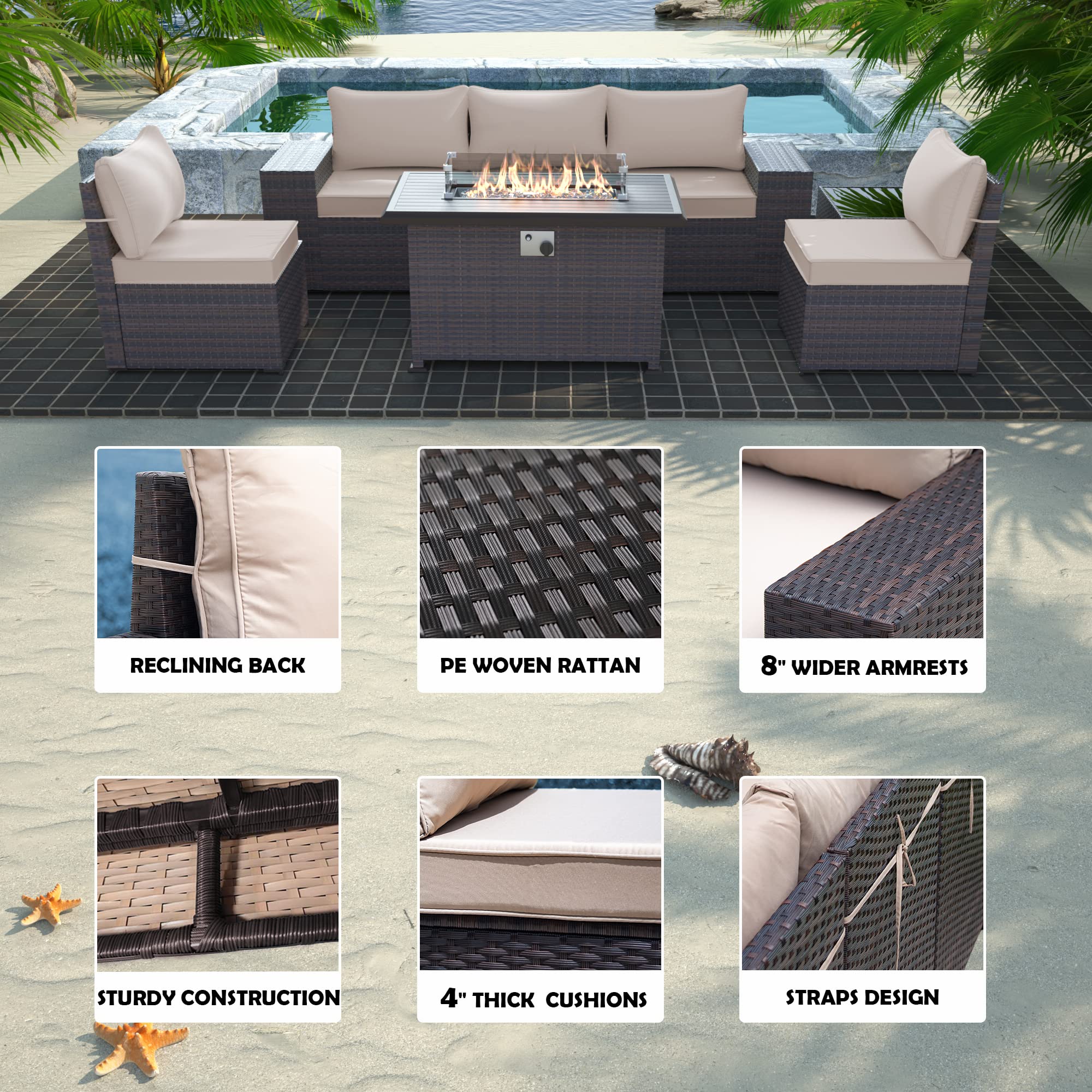 Gotland 7-Piece Outdoor Patio Furniture Set with 43-inch Gas Fire Pit Table - 55,000 BTU Propane Sectional Sofa Set with Auto-Ignition & Glass Wind Guard - Perfect for Backyard, Garden, Poolside & Outdoor Entertaining