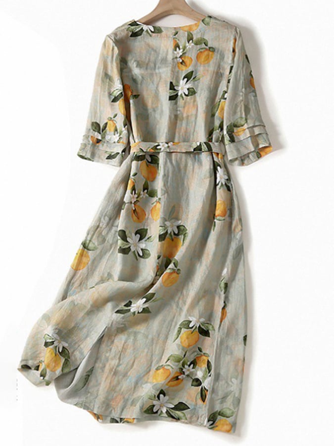 Lovevop Women's Cotton Linen Vintage Lace-Up Waist Floral Print Dress - Perfect for Summer Outfits, Beach Vacations & Boho Style Occasions