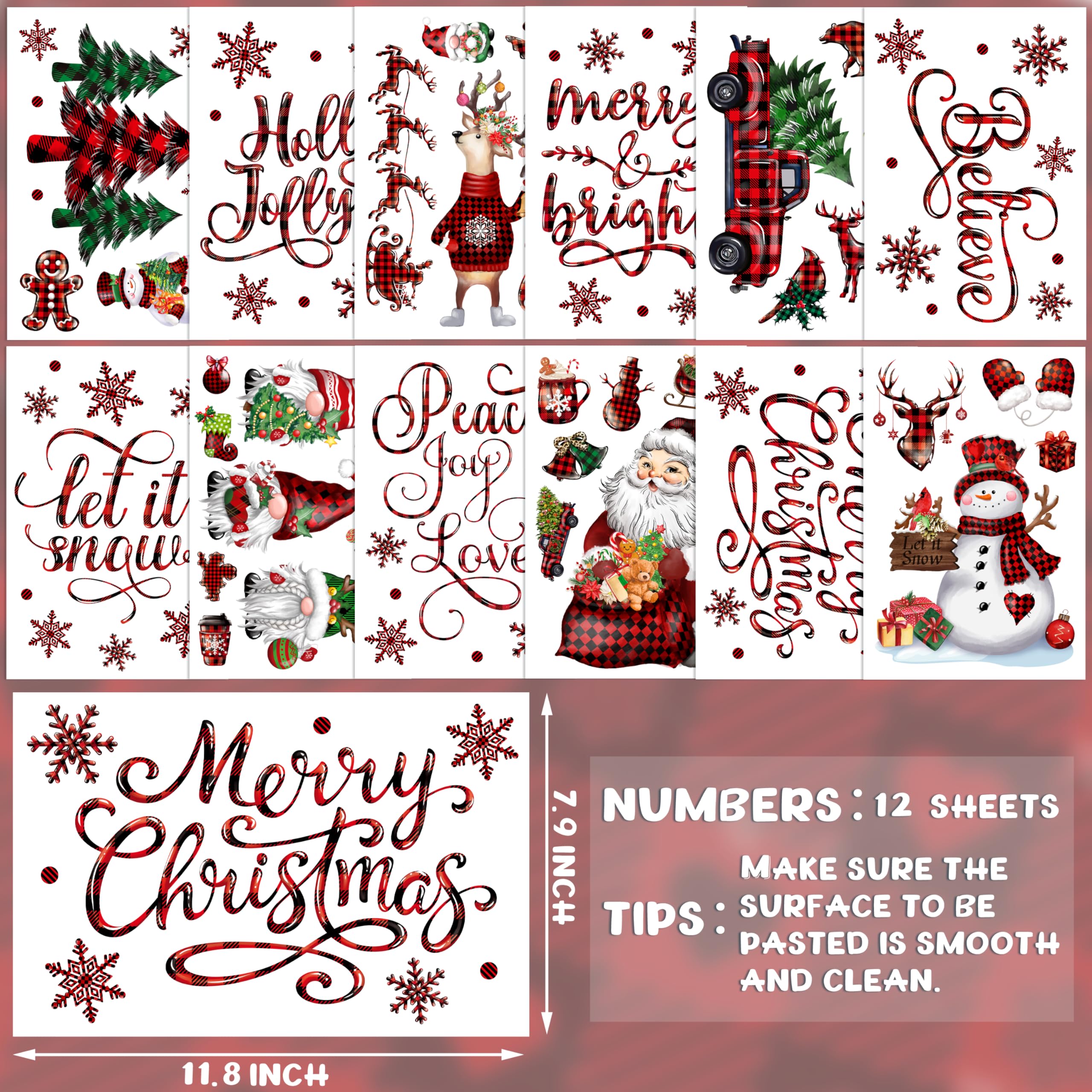 12 Sheets Buffalo Plaid Christmas Wall Stickers - Holiday Tree & Snowflake Vinyl Decals for Living Room, Bedroom, Home Office - Perfect for Winter Decor & Festive Home Styling