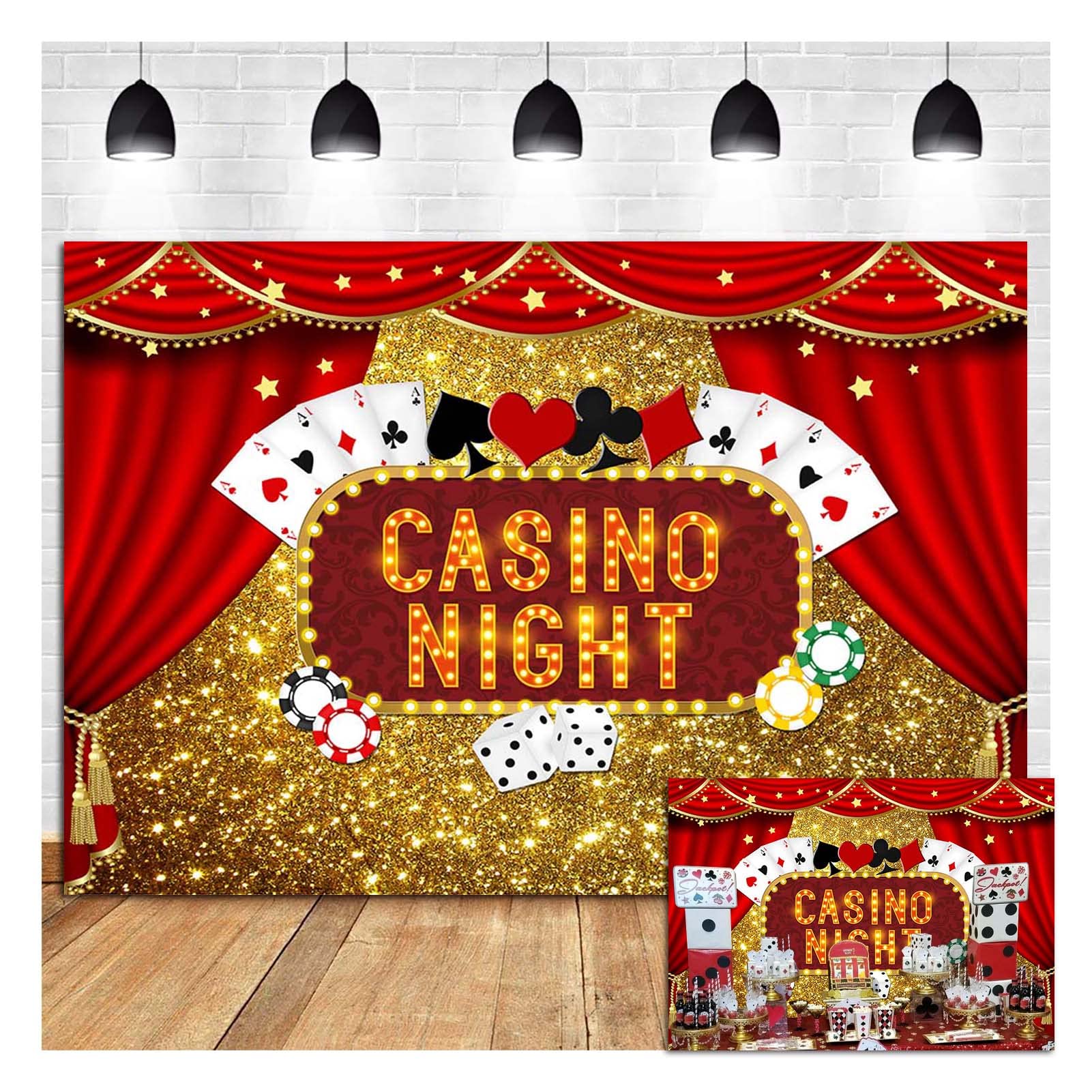Las Vegas Gold Glitter Bokeh Photography Backdrop 7x5ft - Casino Night Poker Dice Red Curtain Photo Background for Birthday Parties, Prom, Studio Shoots & Dessert Table Decor | Polyester Party Banner & Booth Props