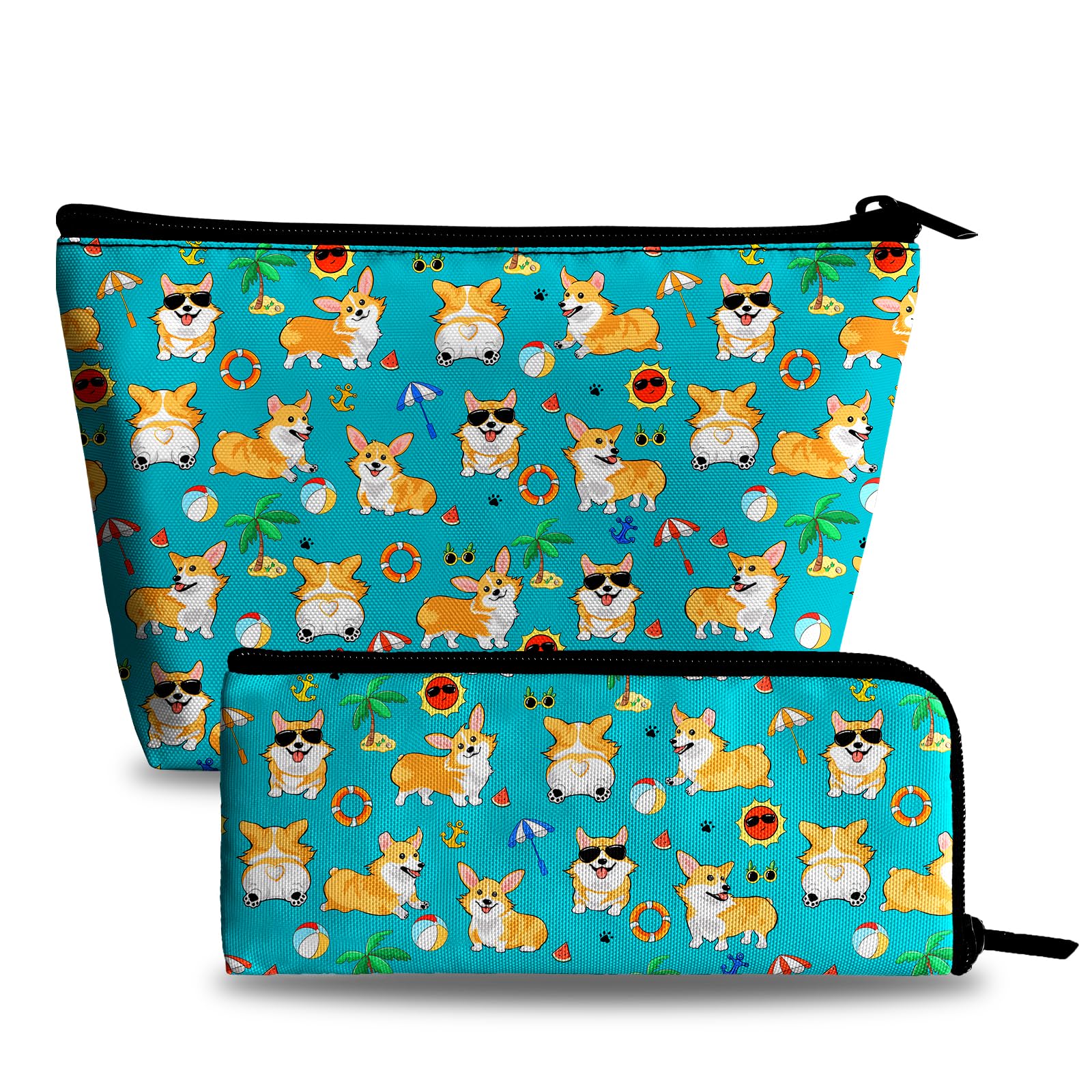 Funny Corgi Dogs Summer Pattern Makeup Bag & Pencil Case Set - Large Capacity Cosmetic Bag for Women, Travel Toiletry Organizer & Makeup Brushes Storage - Perfect for Vacation, Beach Trips & Daily Beauty Routine