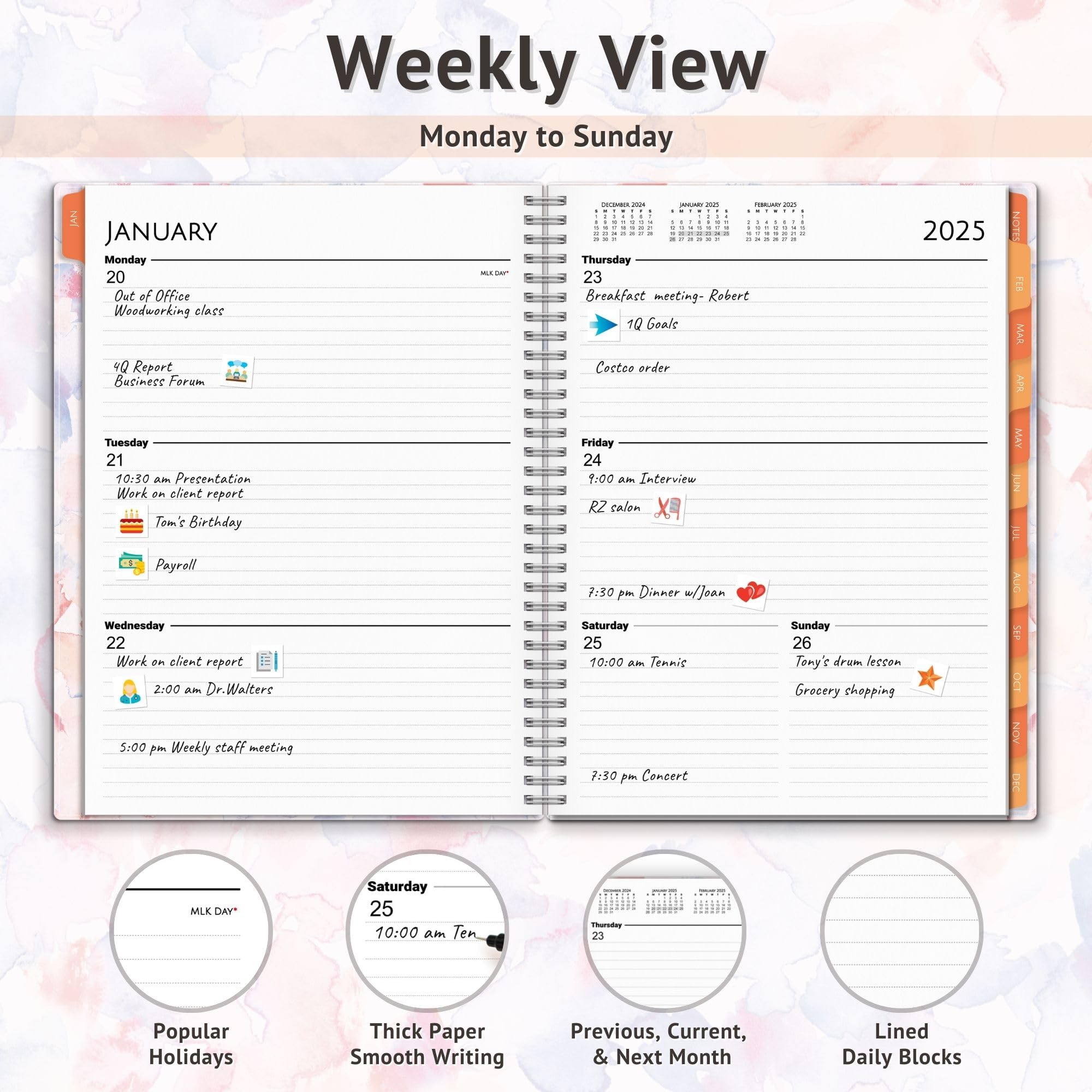 2025 CRANBURY Large Watercolor Planner - 8.5x11 Desktop Weekly & Daily Calendar with Laminated Monthly Tabs, Movable Bookmark, Stickers & Storage Pockets - Perfect for Office, School & Home Organization