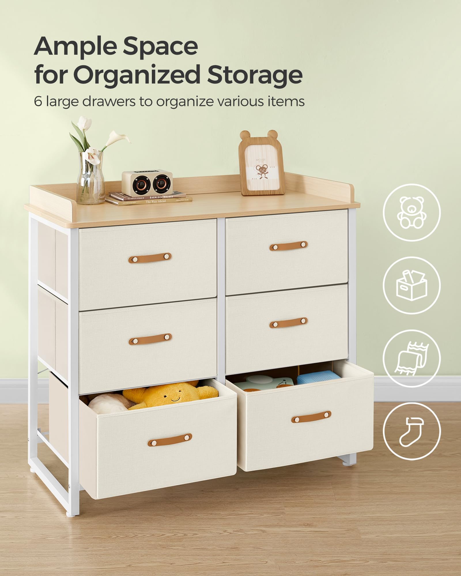 SONGMICS 6-Drawer Kids Dresser for Boys & Girls - Water-Resistant Tabletop, Storage Organizer Cabinet - Ideal for Bedroom, Nursery, Hallway - Beige UGKR101K01 | Perfect for Kids' Room Organization & Toy Storage